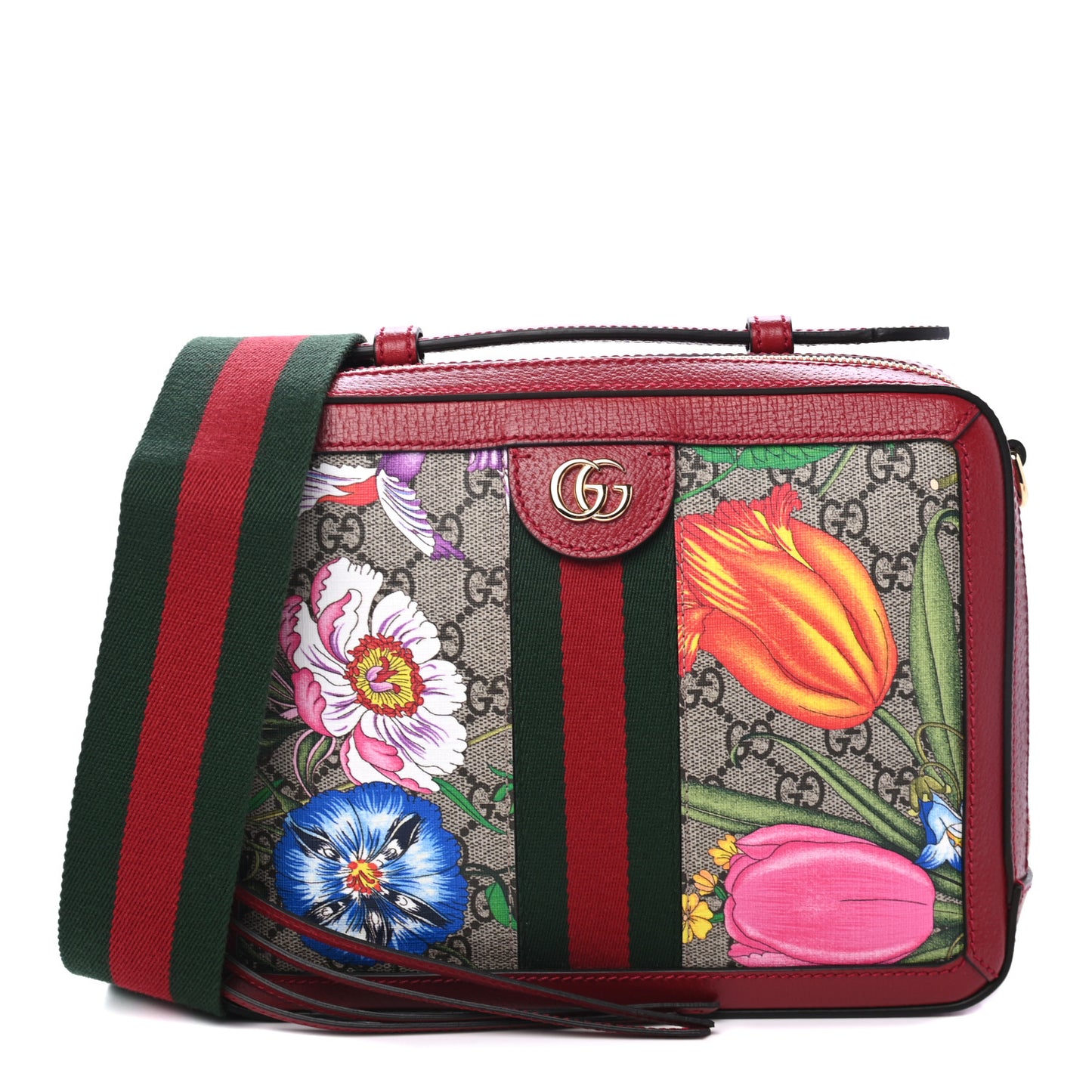 GG Supreme Monogram Flora Web Small Ophidia Top Handle Shoulder Bag Hibiscus Red