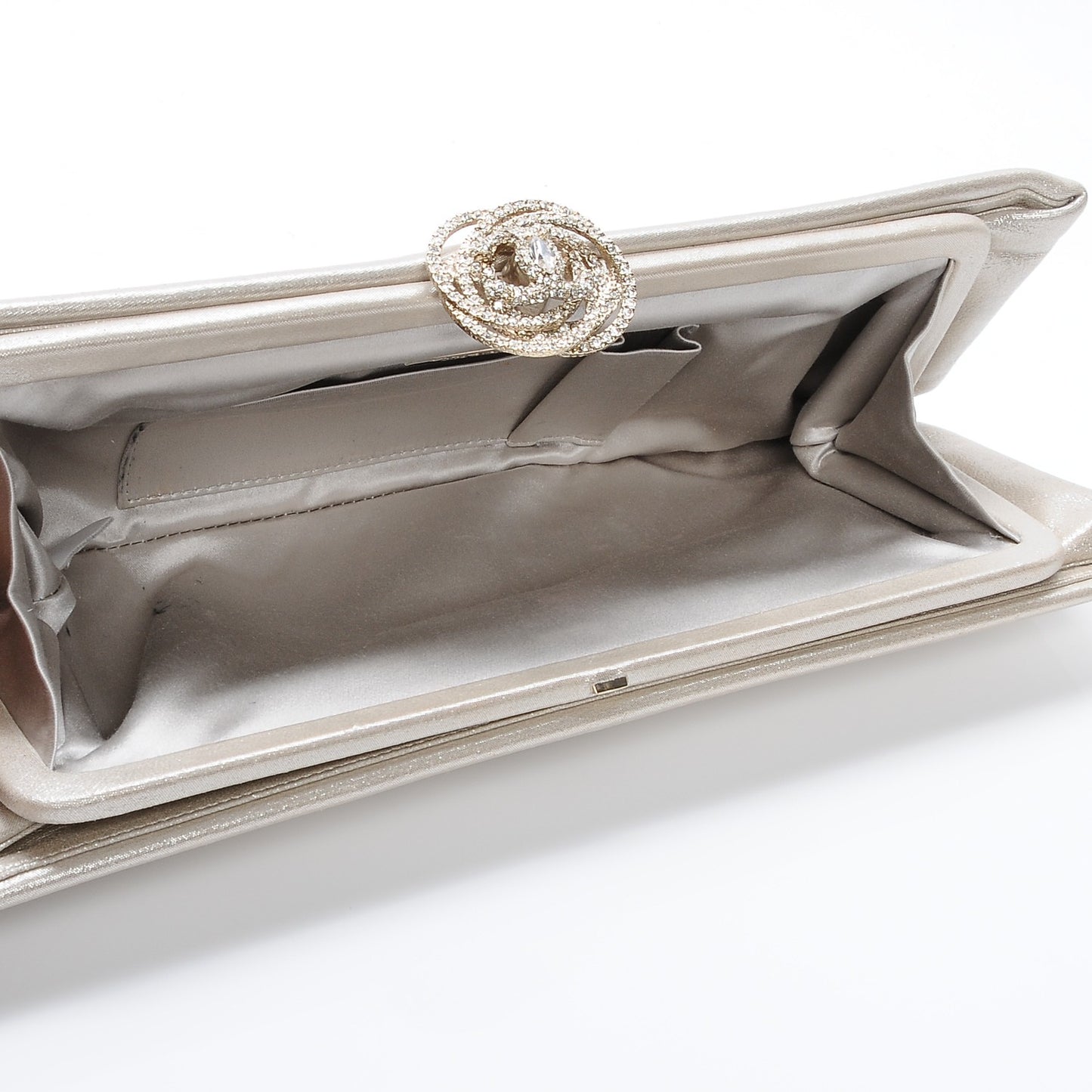 Iridescent Calfskin Crystal Camellia Evening Clutch Champagne