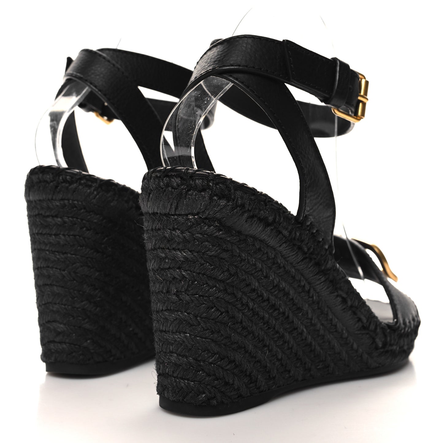 Grainy Cowhide VLogo Ankle Wrap Espadrille Wedge Sandals 40 Black