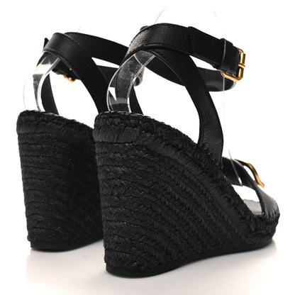 Valentino Garavani Grainy Cowhide VLogo Ankle Wrap Espadrille Wedge Sandals 40 Black 4 of 9