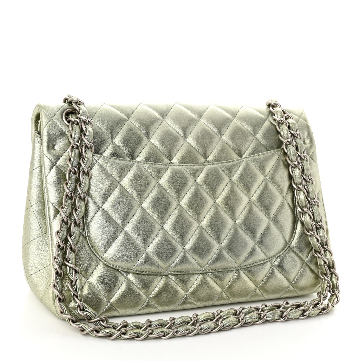 Chanel Metallic Lambskin Quilted Jumbo Double Flap Green 3 of 14