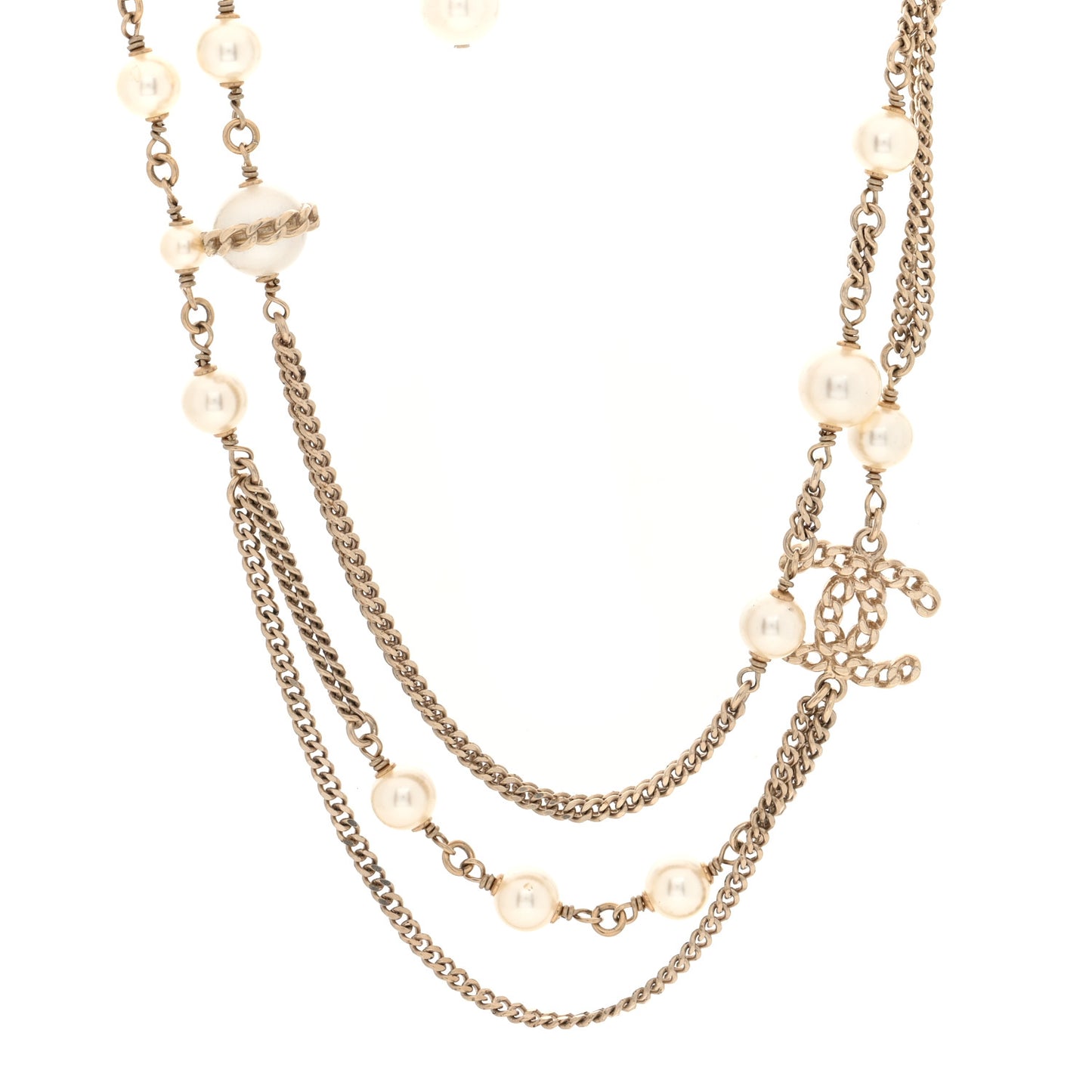 Metal Chain Link Pearl CC Multi Strand Choker Necklace Gold