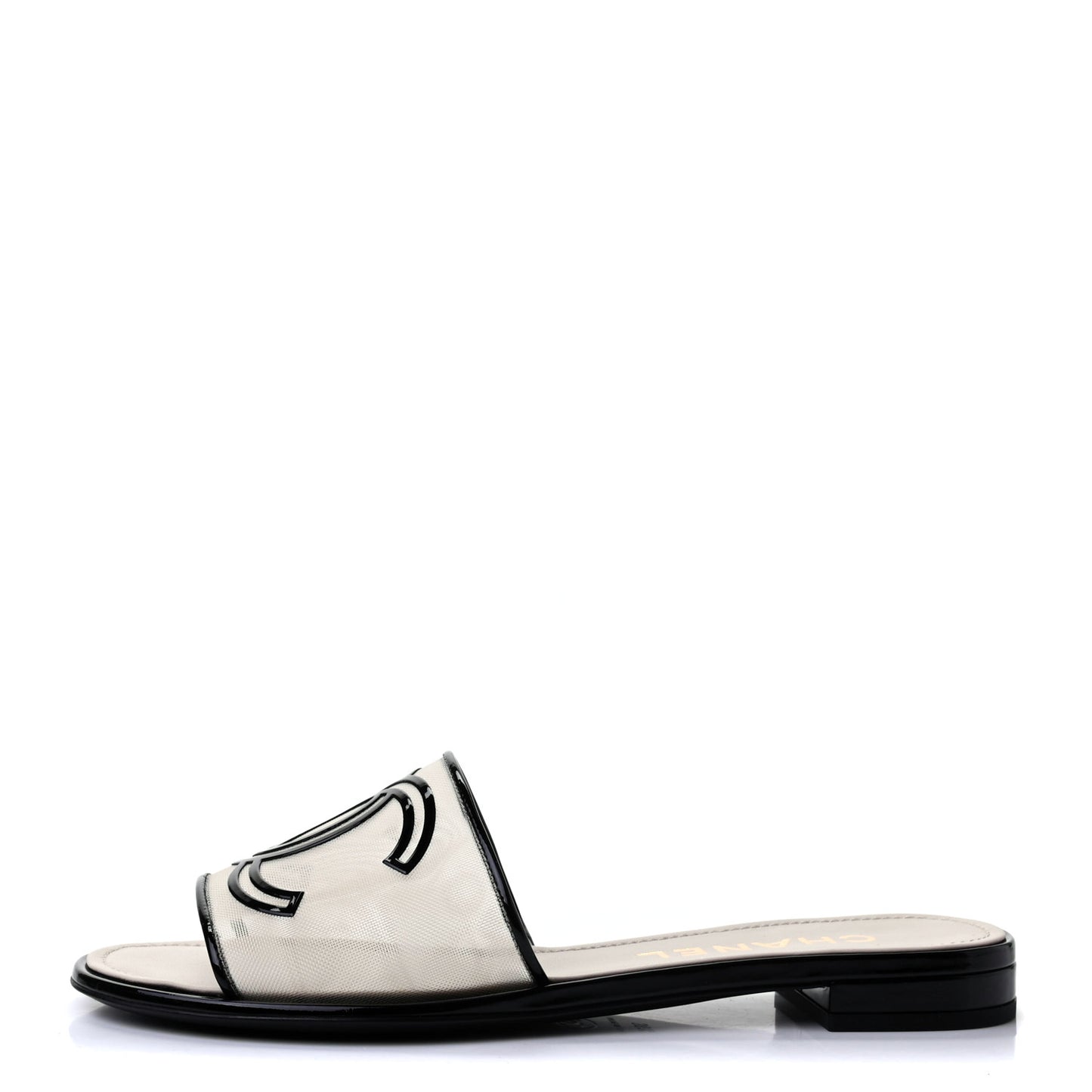 Mesh Patent Calfskin CC Sandal Mule 38.5 White Black