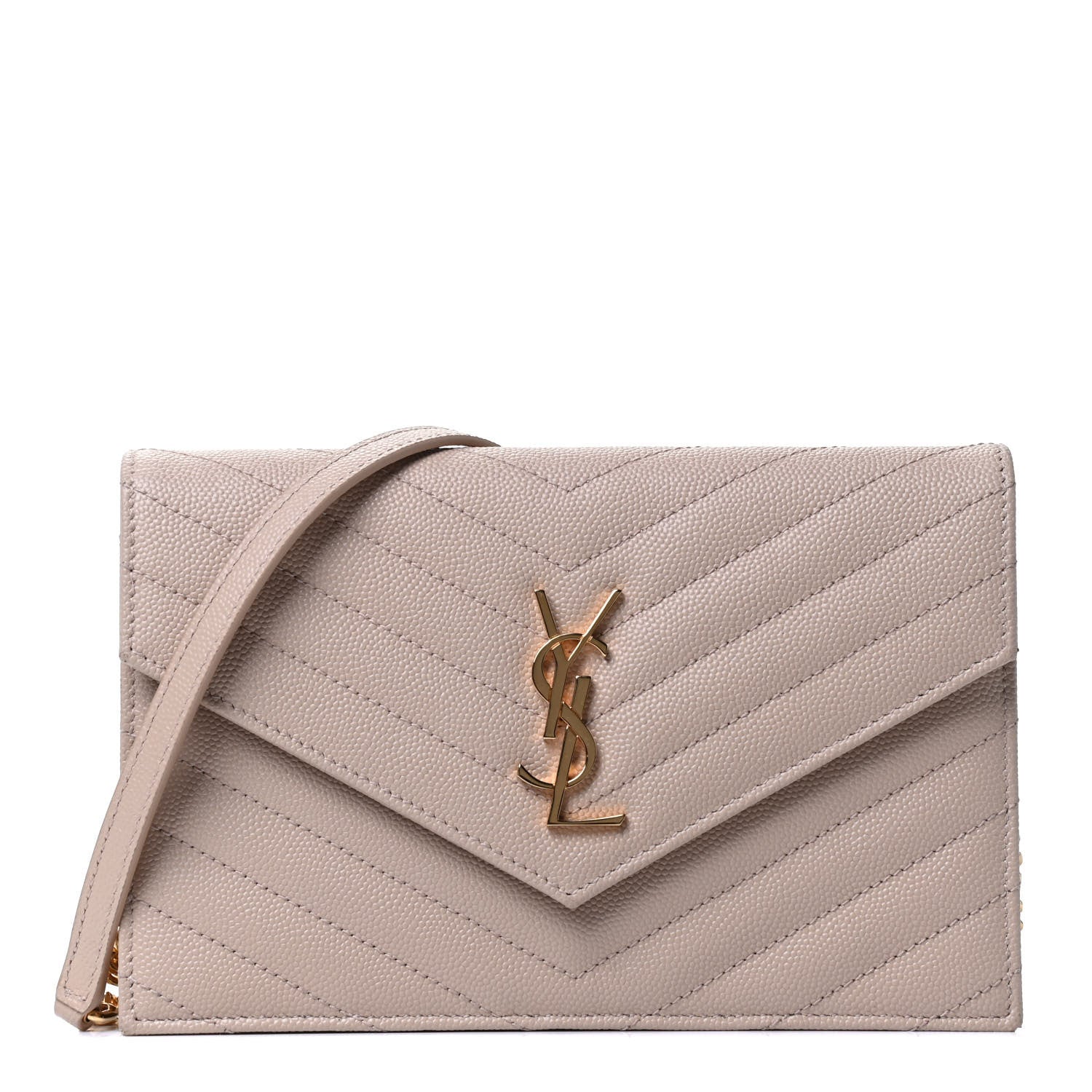 Saint Laurent Grain De Poudre Matelasse Chevron Monogram Envelope Chain Wallet Dark Beige 1 of 4