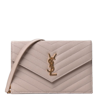 Saint Laurent Grain De Poudre Matelasse Chevron Monogram Envelope Chain Wallet Dark Beige 1 of 4