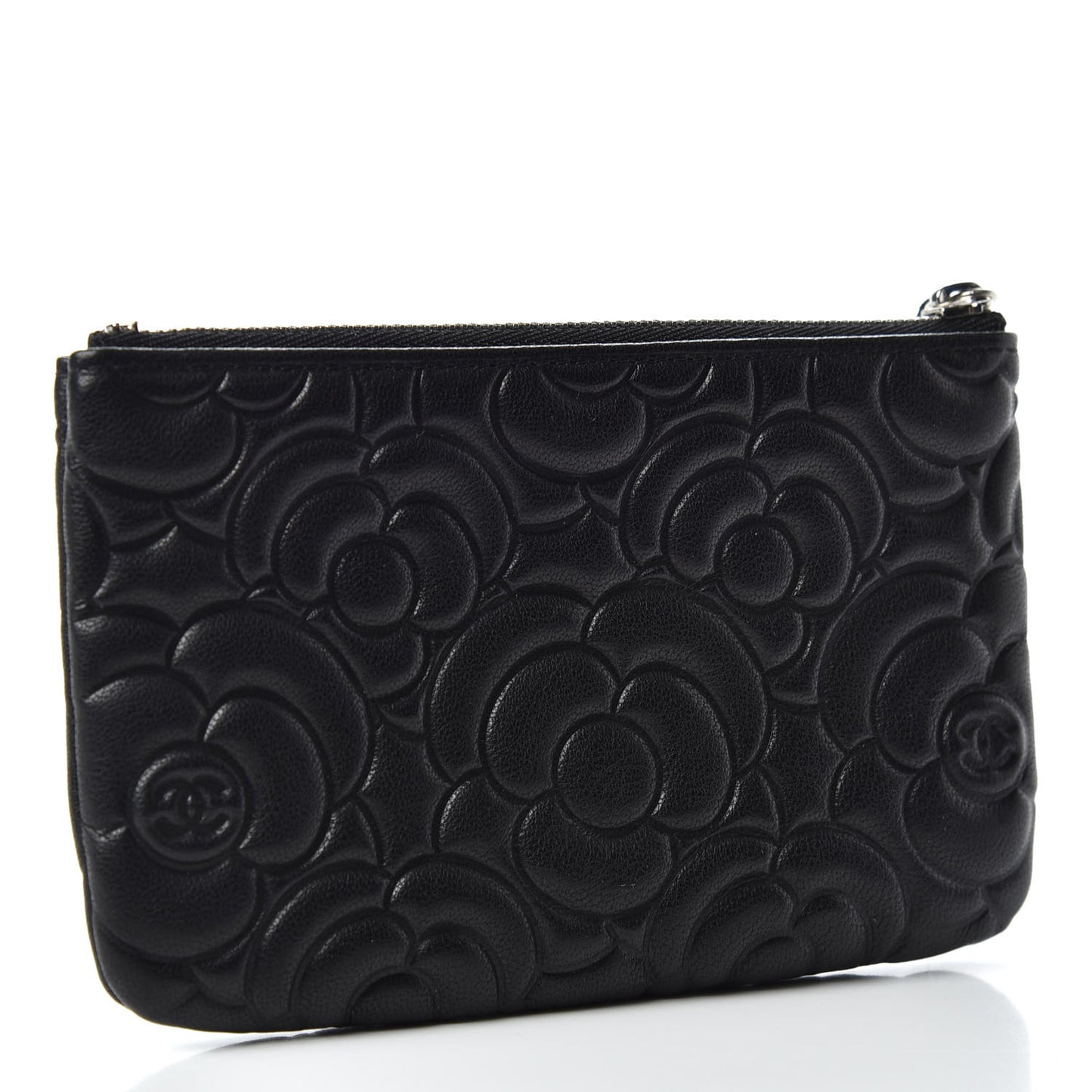 Goatskin Camellia Embossed Cosmetic Pouch Black