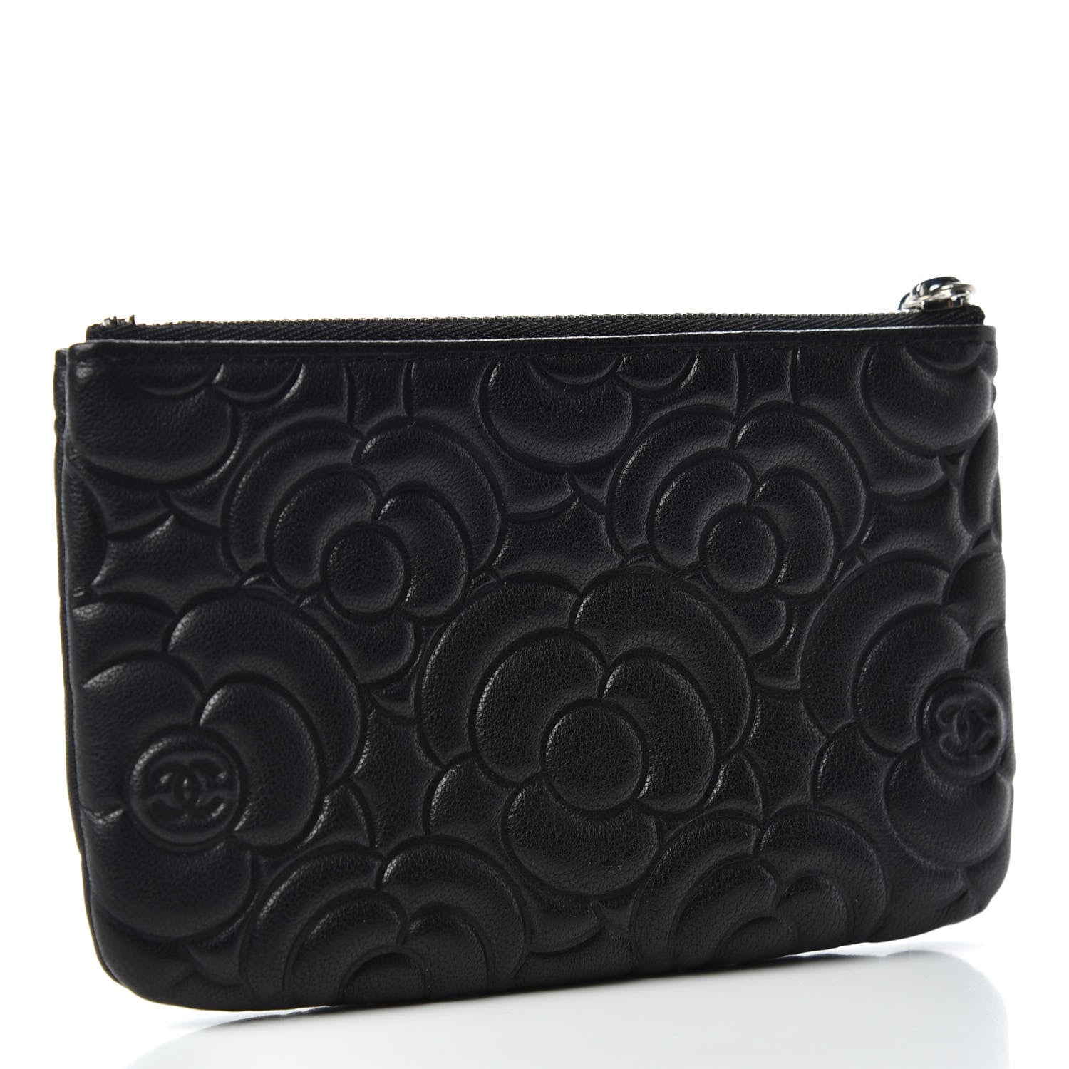 Chanel Goatskin Camellia Embossed Cosmetic Pouch Black 3 of 7