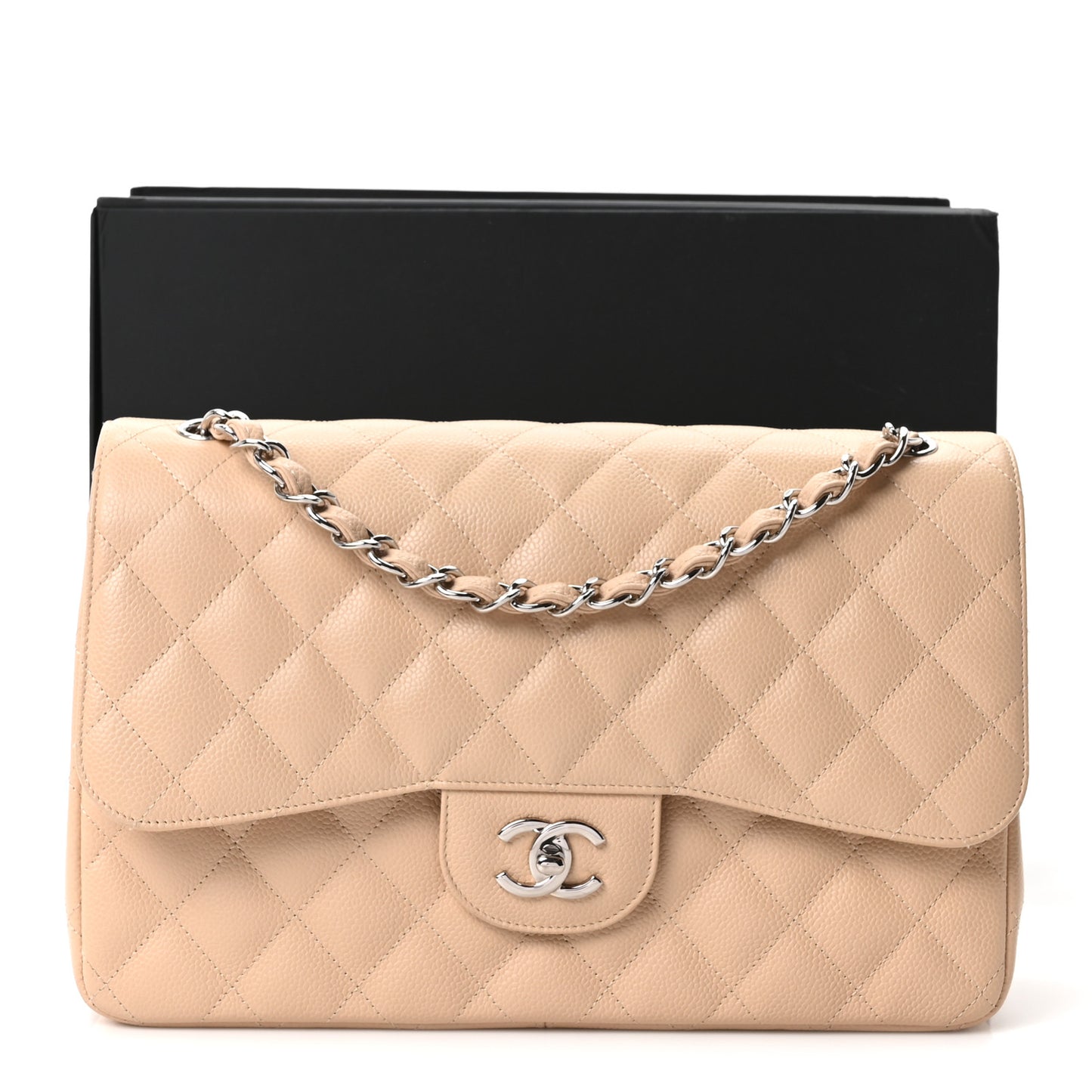 Caviar Quilted Jumbo Double Flap Beige Clair