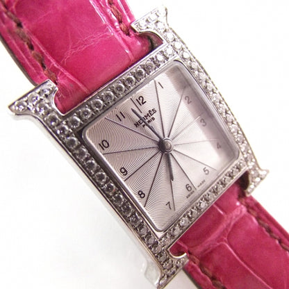 Hermes Stainless Steel Alligator Diamond Bezel Mother of Pearl 21mm Heure H Hour Quartz Watch Framboise 9 of 9