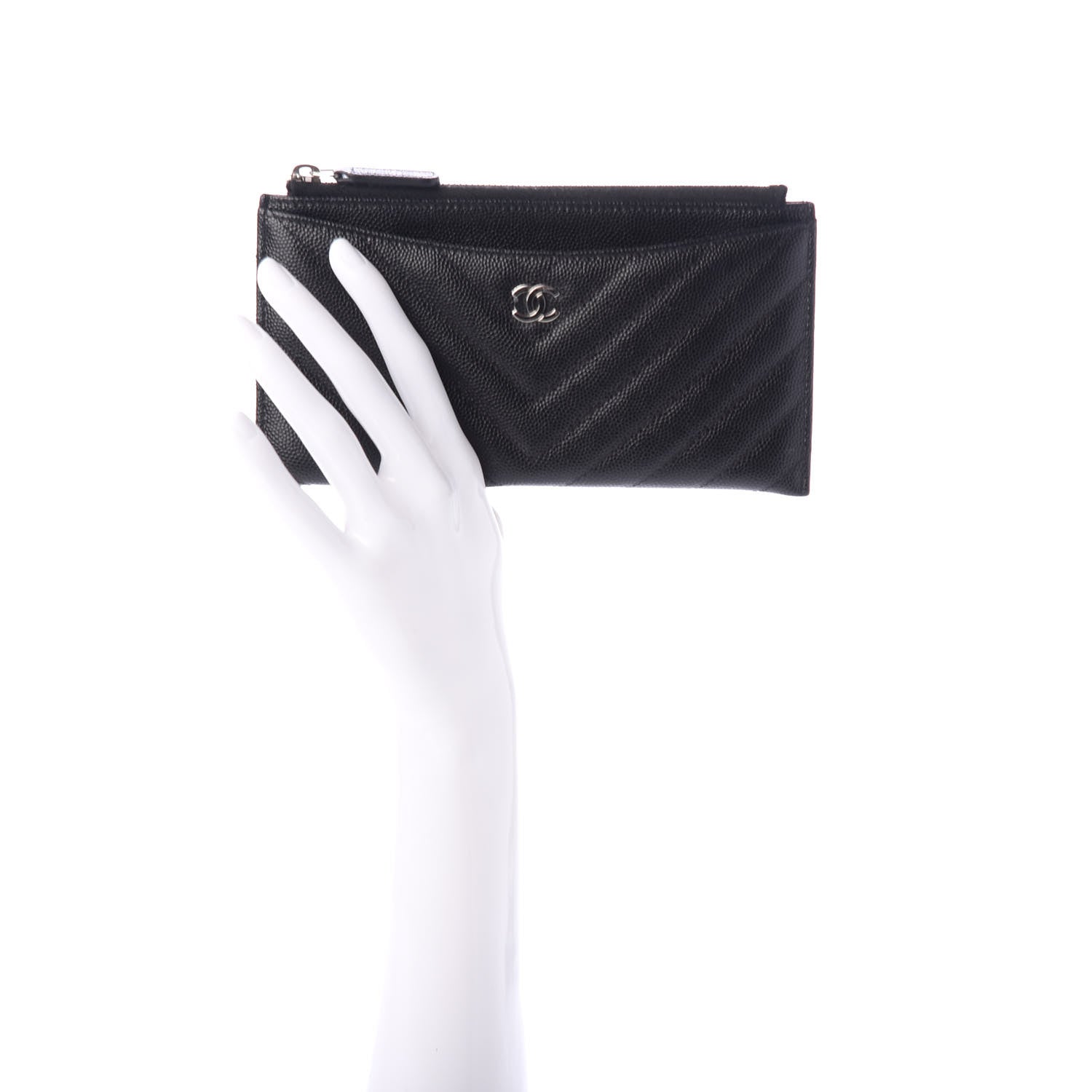 Chanel Caviar Chevron Quilted Zip Pouch Black 2 of 7