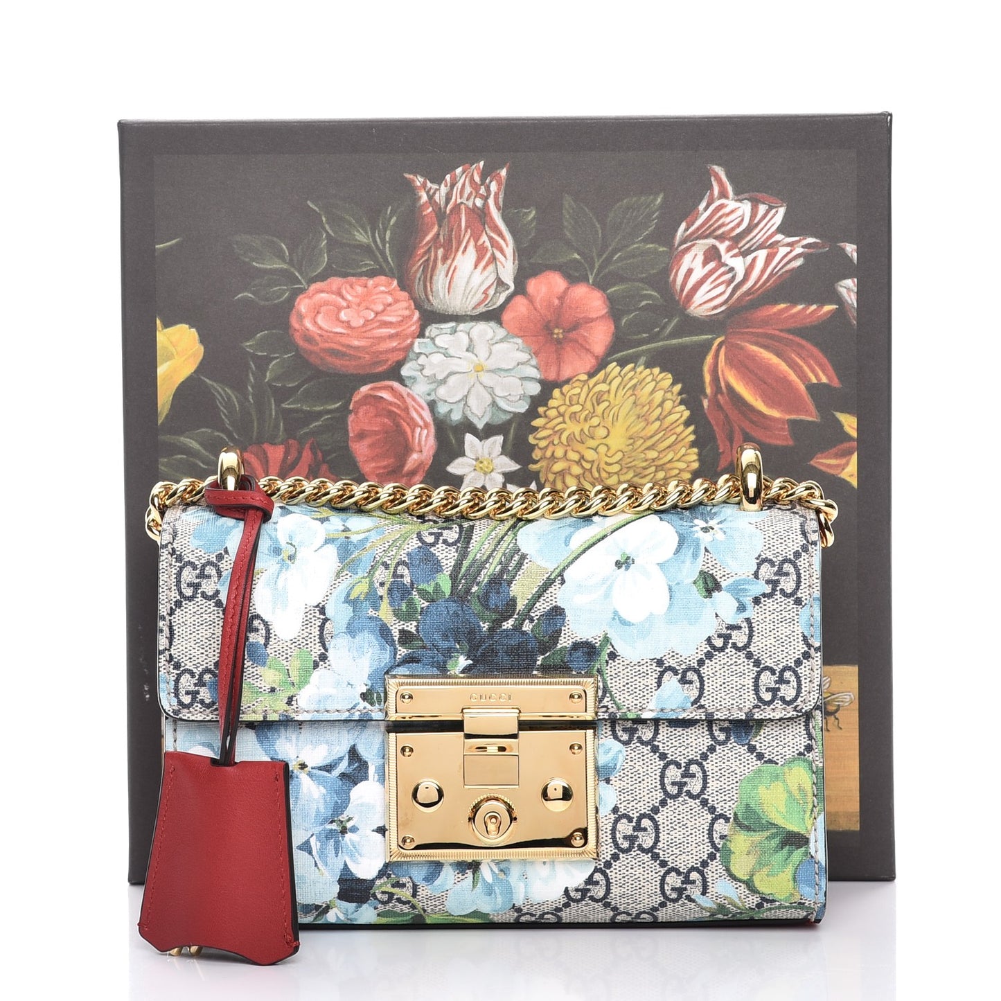 GG Supreme Monogram Blooms Small Padlock Shoulder Bag Beige Blue Navy Hibiscus Red