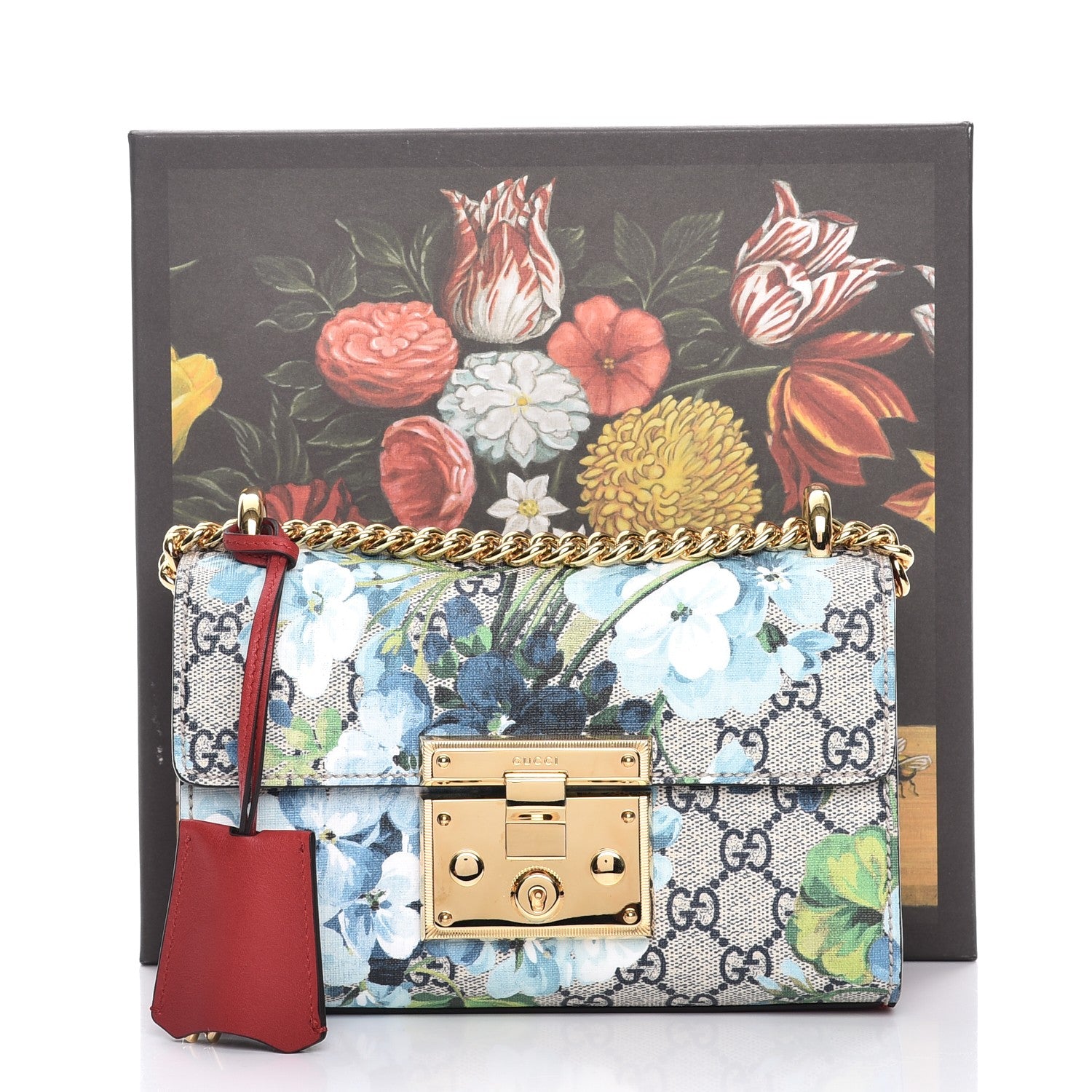 Gucci GG Supreme Monogram Blooms Small Padlock Shoulder Bag Beige Blue Navy Hibiscus Red 9 of 9