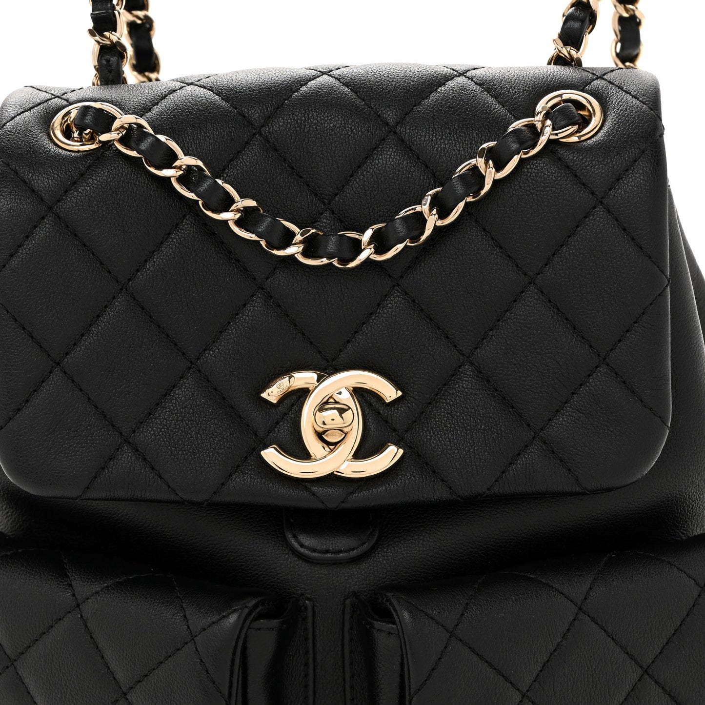 Calfskin Quilted Medium Duma Pockets Drawstring Backpack Black