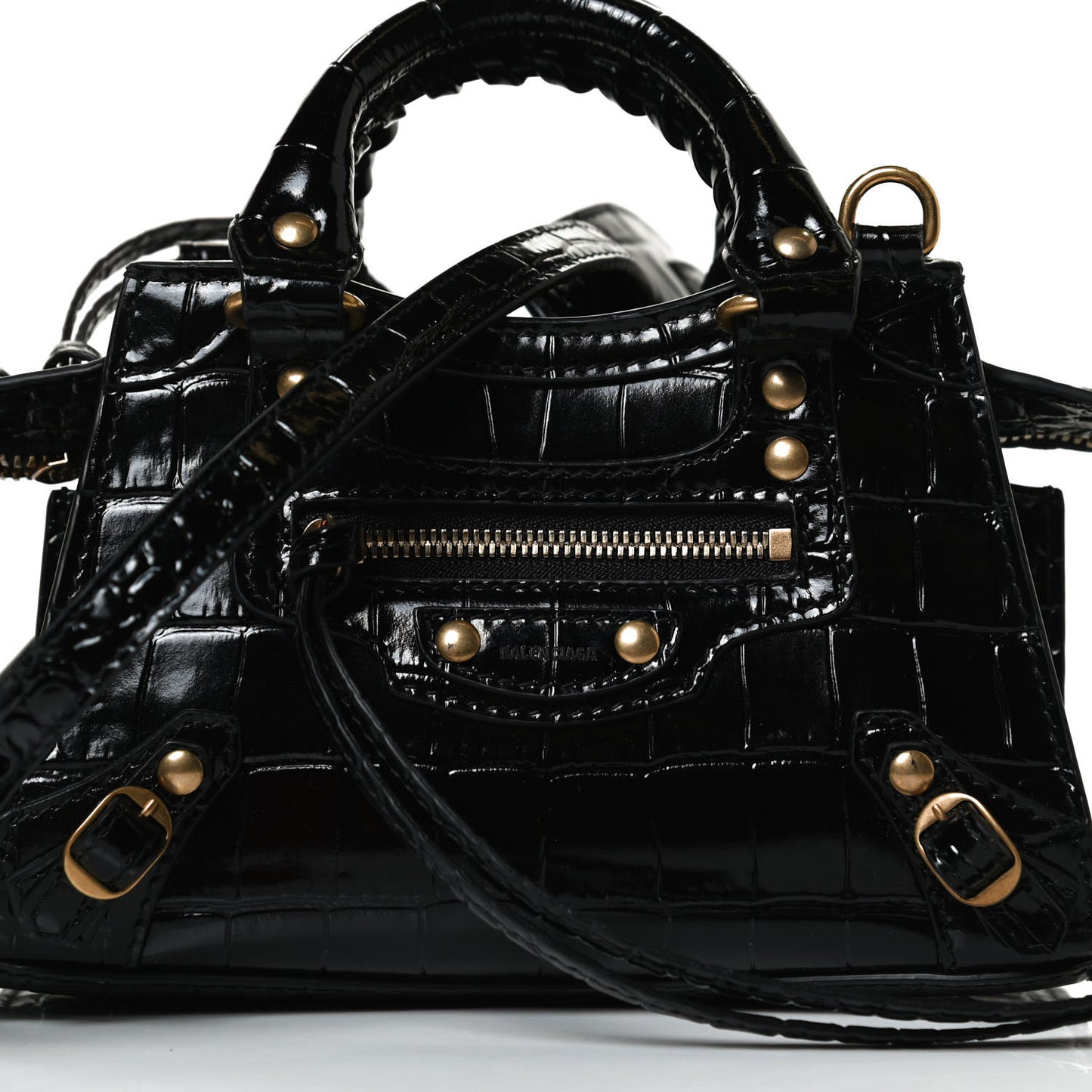 Shiny Supple Calfskin Crocodile Embossed Neo Classic Gold Hardware Nano City Crossbody Black