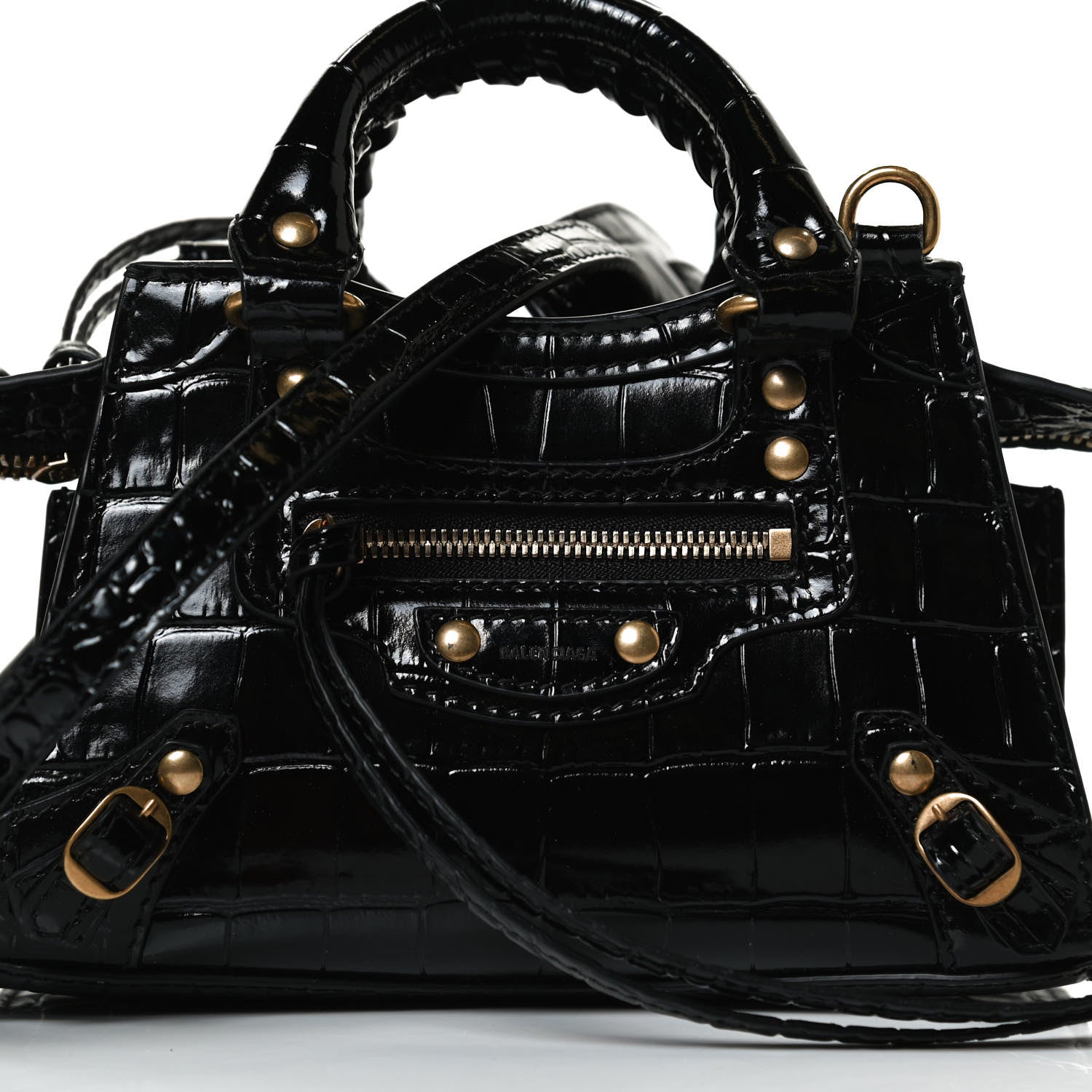 Balenciaga Shiny Supple Calfskin Crocodile Embossed Neo Classic Gold Hardware Nano City Crossbody Black 7 of 9