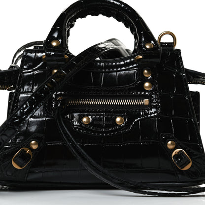 Balenciaga Shiny Supple Calfskin Crocodile Embossed Neo Classic Gold Hardware Nano City Crossbody Black 7 of 9