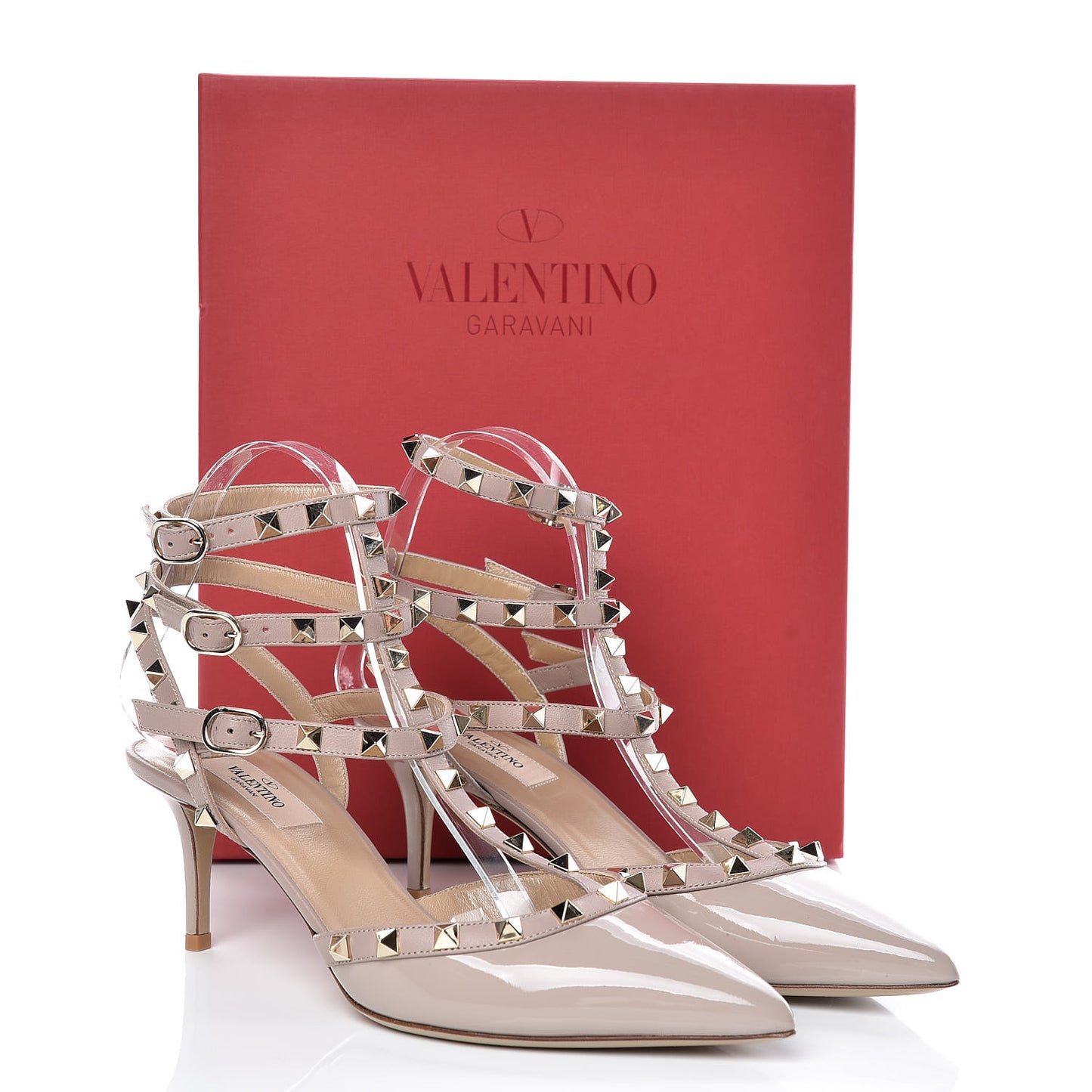 Patent Rockstud Ankle Strap Low Heel Pumps 39.5 Poudre