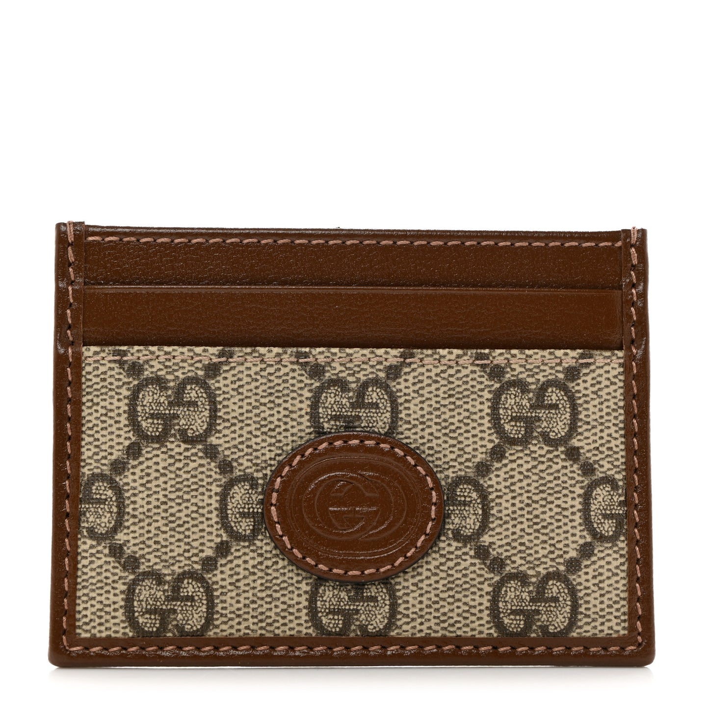GG Supreme Monogram Azalea Calfskin Retro Interlocking G Card Holder Beige Ebony Brown Sugar