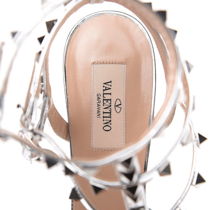 Valentino Garavani Metallic Pebbled Calfskin Rockstud Ankle Strap Low Heel Pumps 39.5 Silver 7 of 9