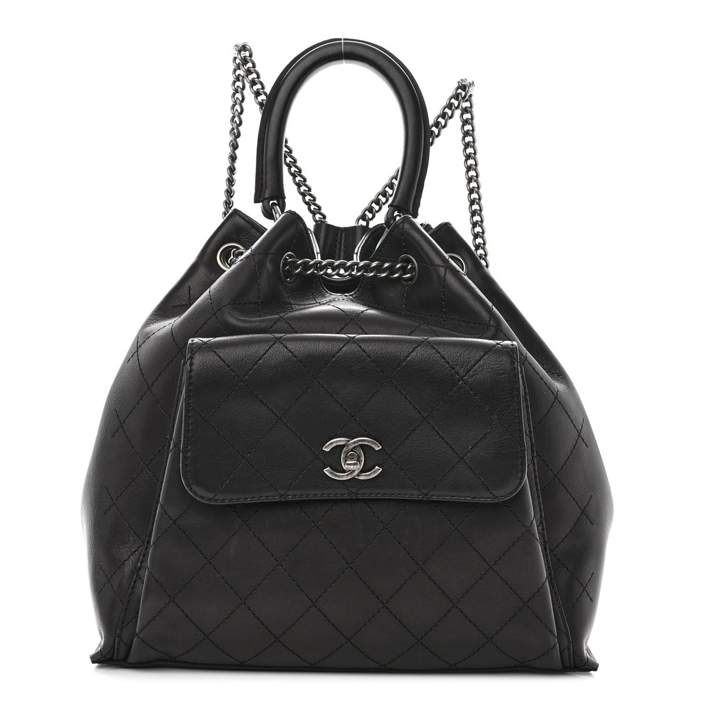 Calfskin Stitched Large Urban Luxury Drawstring Backpack Black