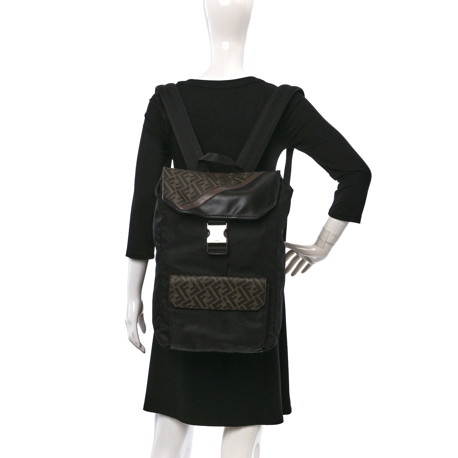 Fendi Nylon Glazed Fabric Vitello Liberty FF 1974 Diagonal Tobacco Moresco Black 2 of 18