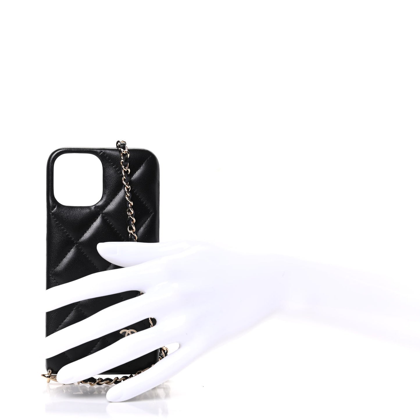 Lambskin Quilted Camellia Bow iPhone XII Pro Holder With Chain Black