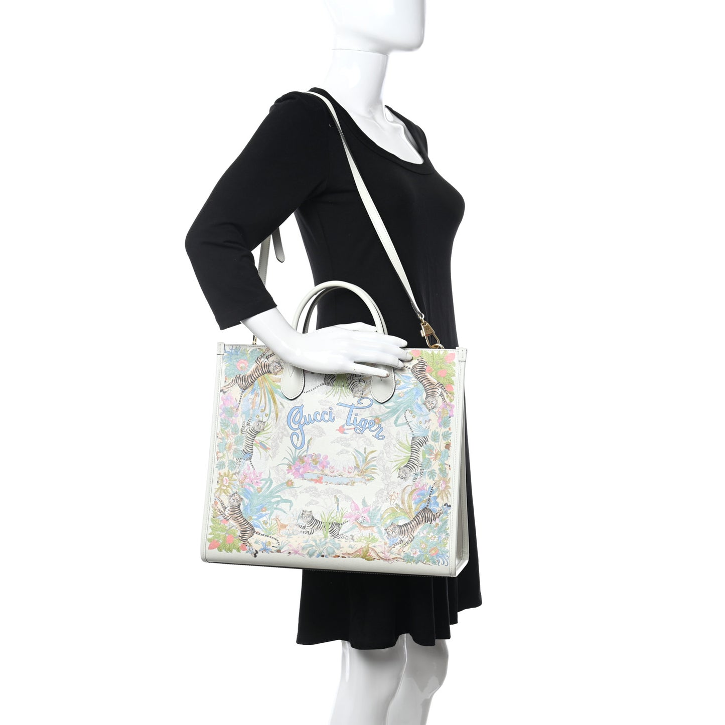 New Shangai Calfskin Tiger Savanah Textured Calfskin Medium Tote Chalky White Multicolor