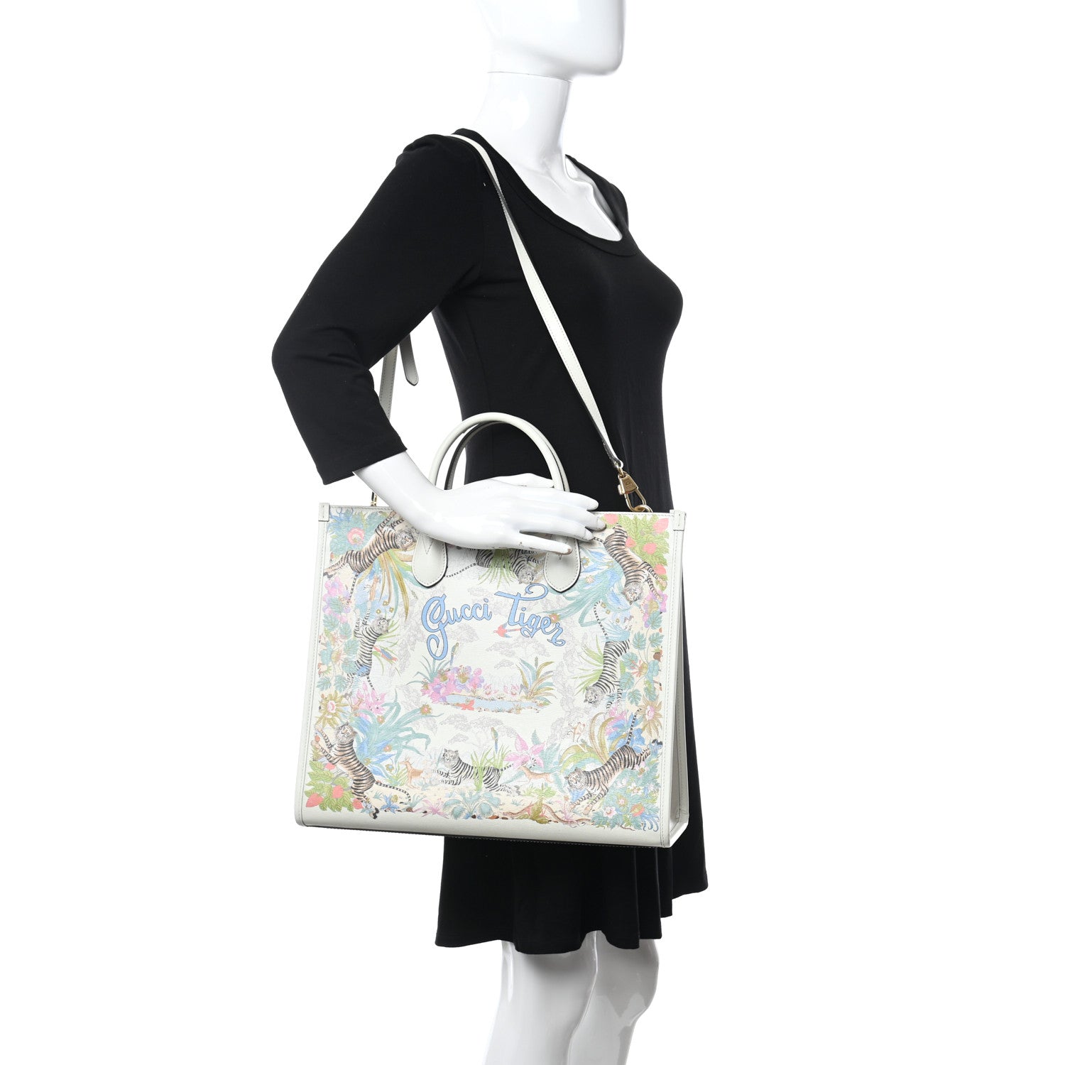Gucci New Shangai Calfskin Tiger Savanah Textured Calfskin Medium Tote Chalky White Multicolor 2 of 11