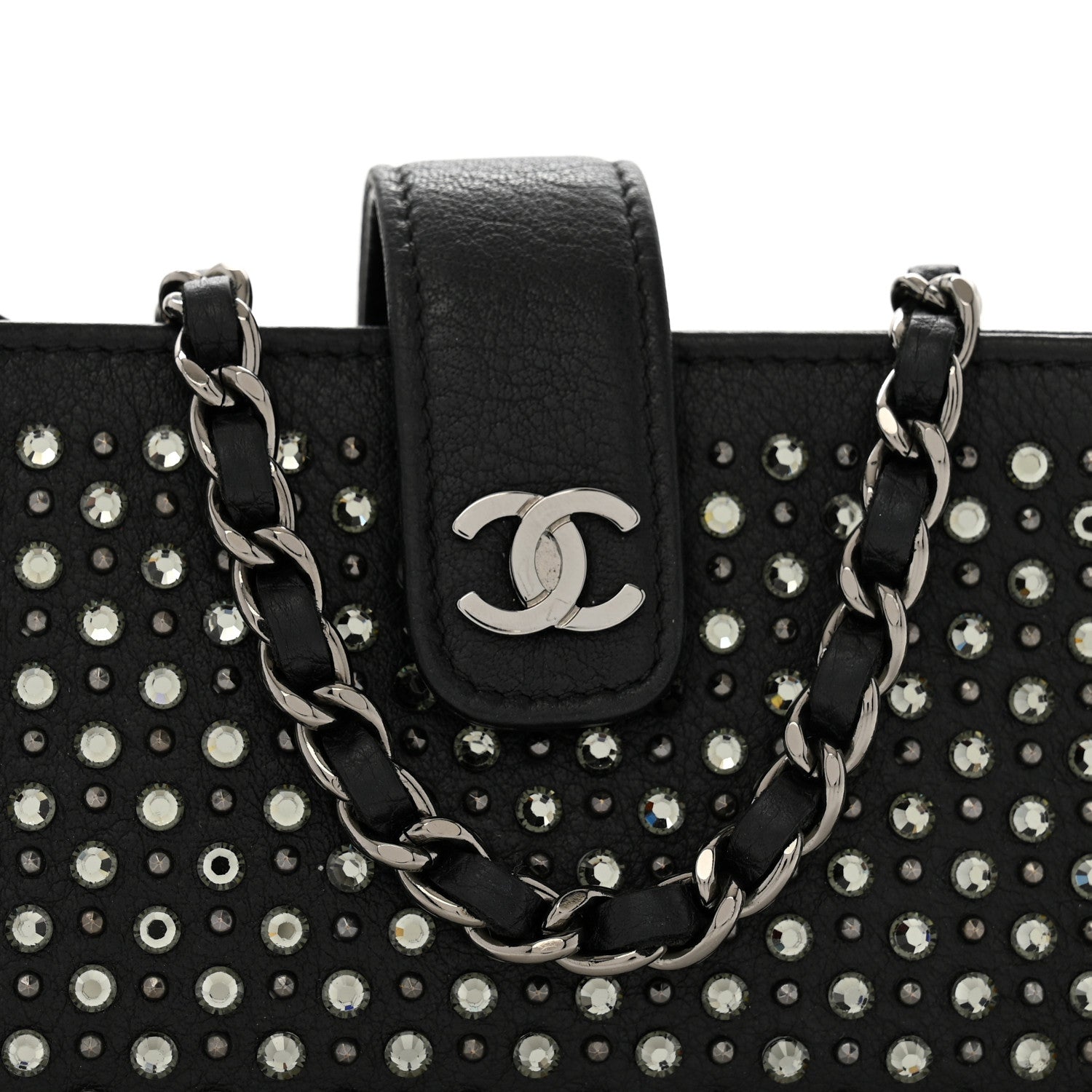 Chanel Calfskin Strass Studded Mini Phone Holder Clutch Black 10 of 13