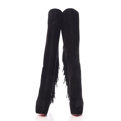 Christian Louboutin Suede Fringe Interlopa 160 Over The Knee Boots 37.5 Black 2 of 12