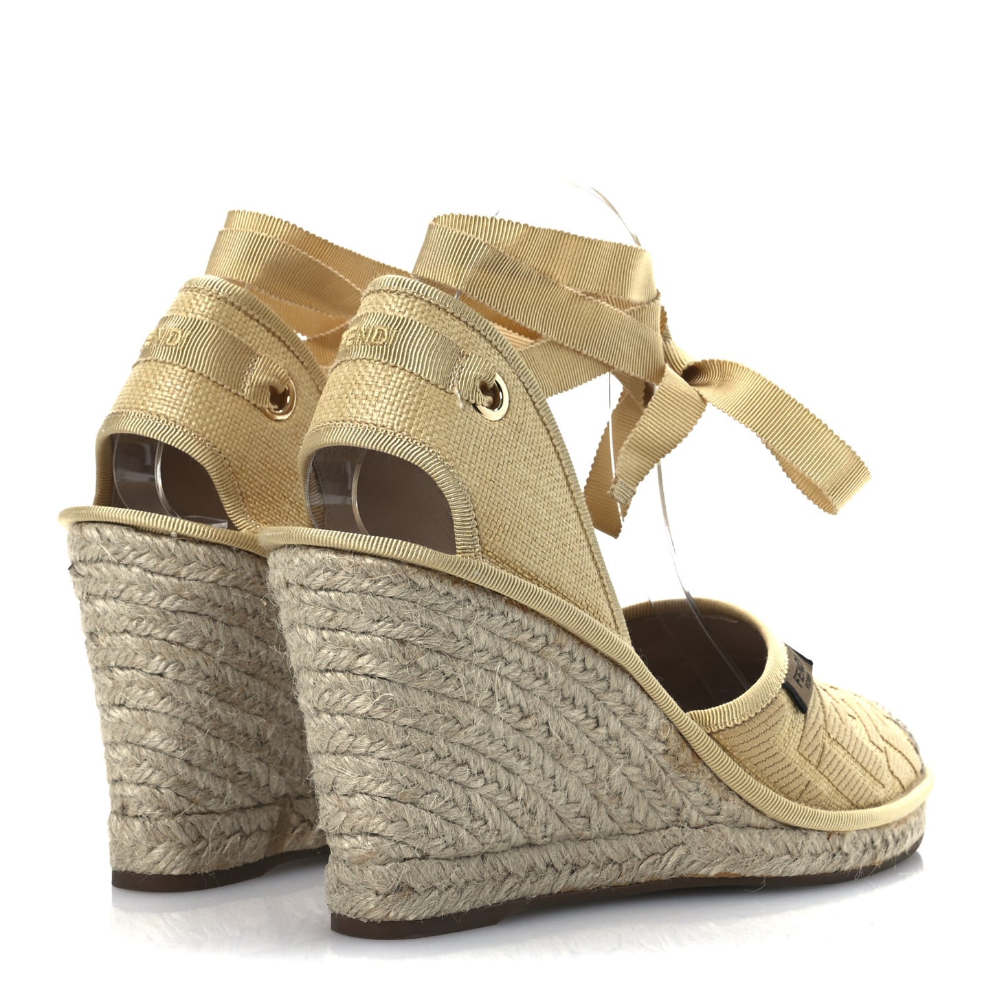 Canvas FF Embroidered Roma Ankle Wrap Wedge Espadrilles 40 Natural