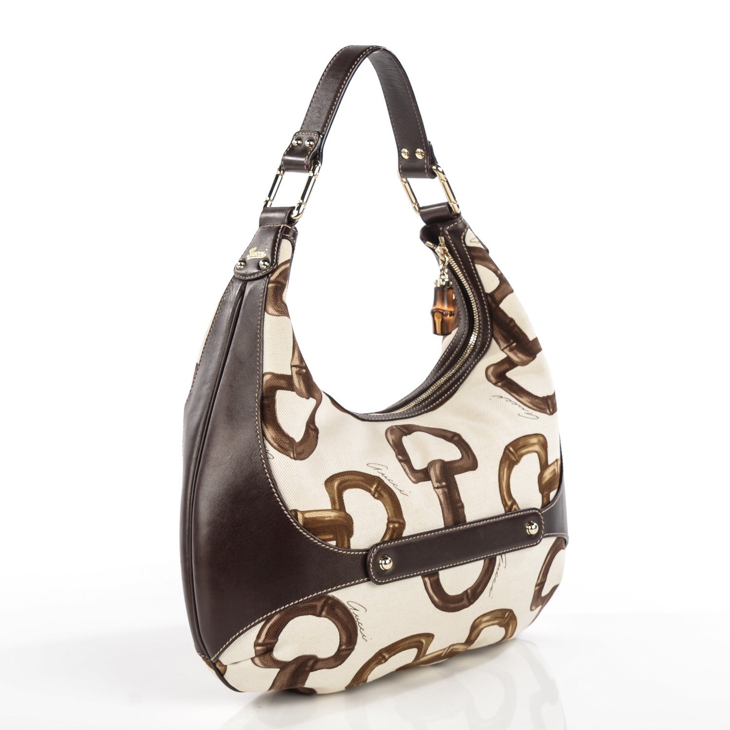 Gucci Canvas Bamboo Horsebit Print Amalfi Hobo Brown 3 of 7
