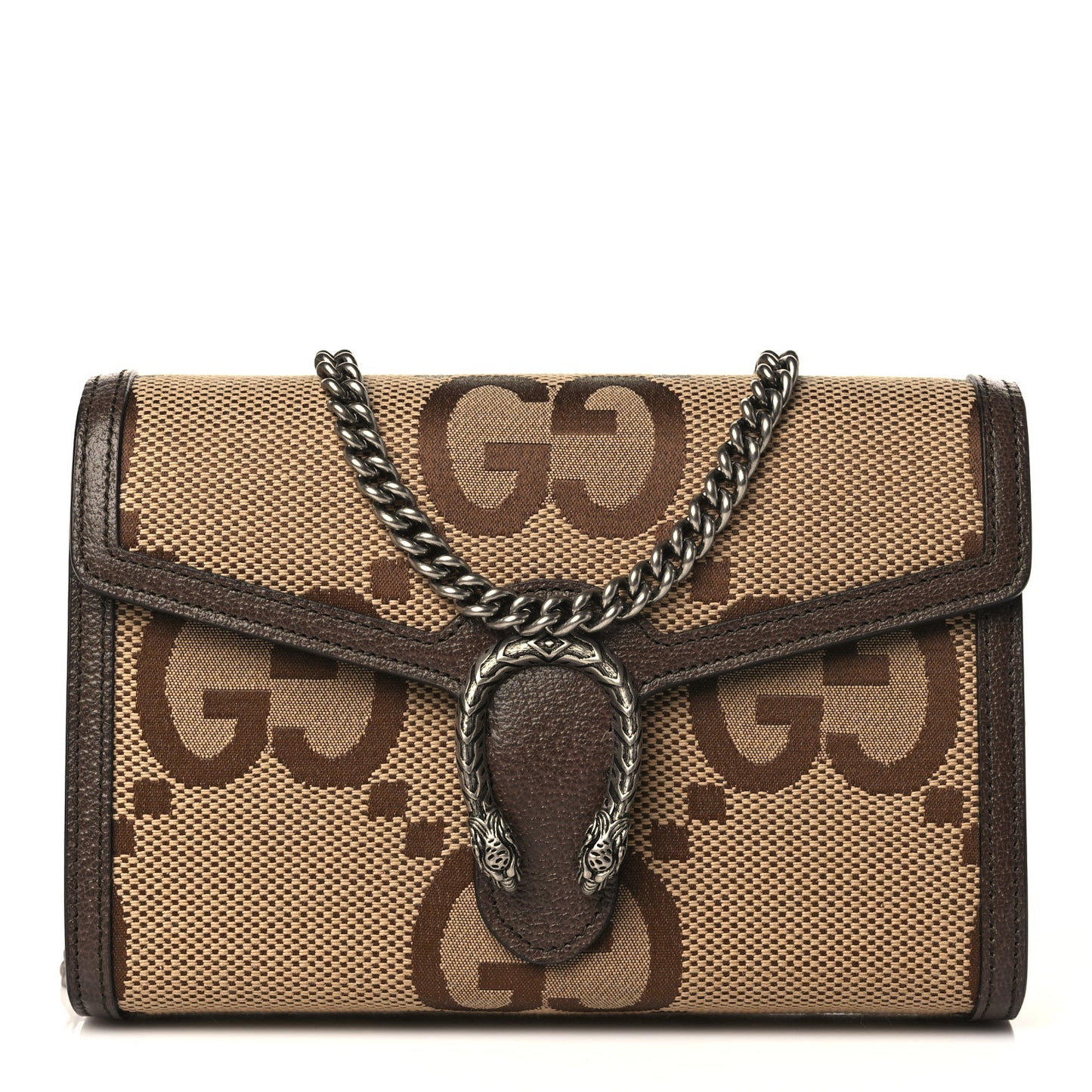 Monogram Jumbo GG Textured Dollar Calfskin Mini Dionysus Chain Wallet Camel Ebony New Acero