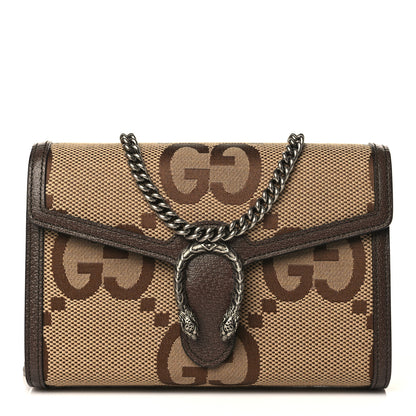 Gucci Monogram Jumbo GG Textured Dollar Calfskin Mini Dionysus Chain Wallet Camel Ebony New Acero 1 of 9