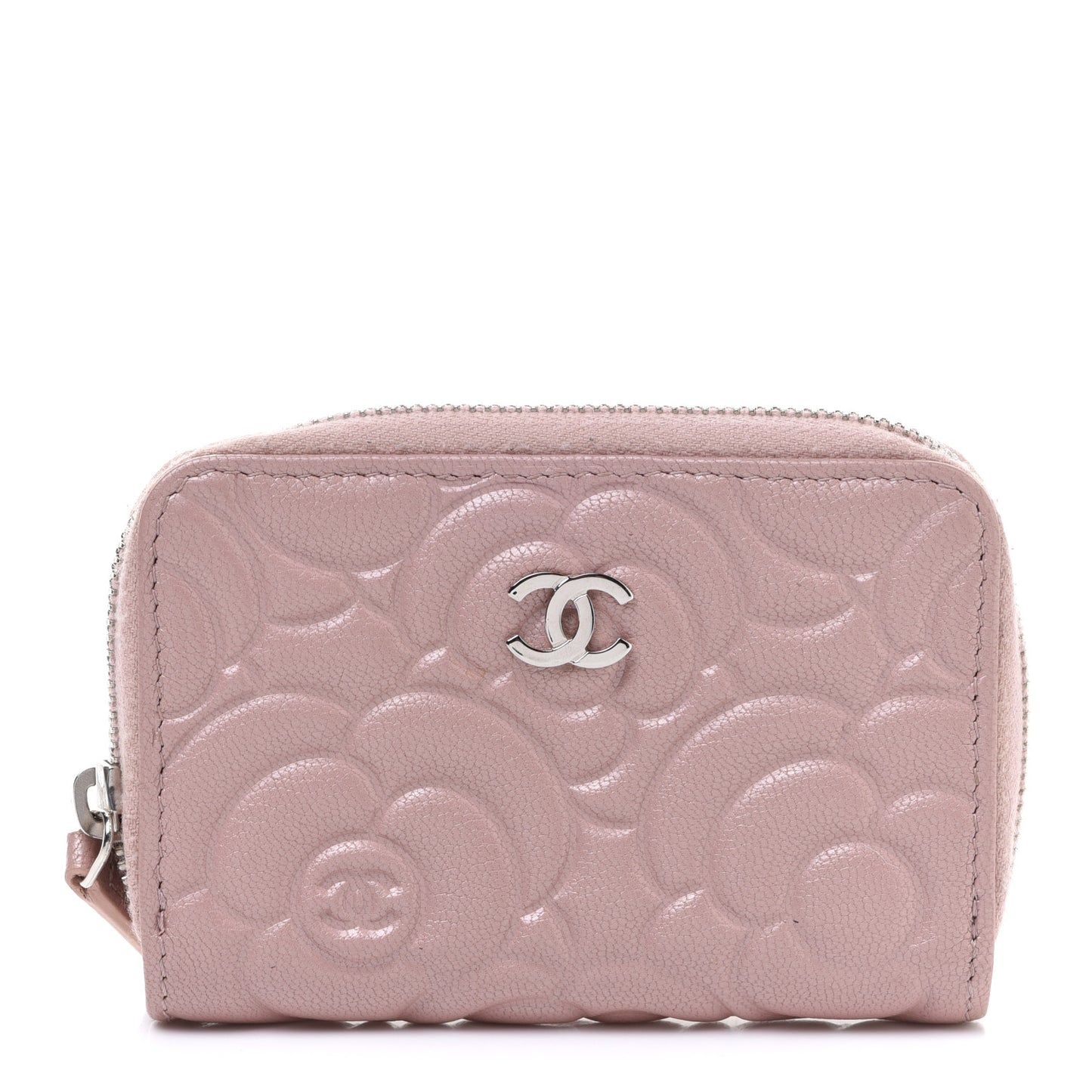 Goatskin Camellia Embossed Zip Coin Purse Light Pink