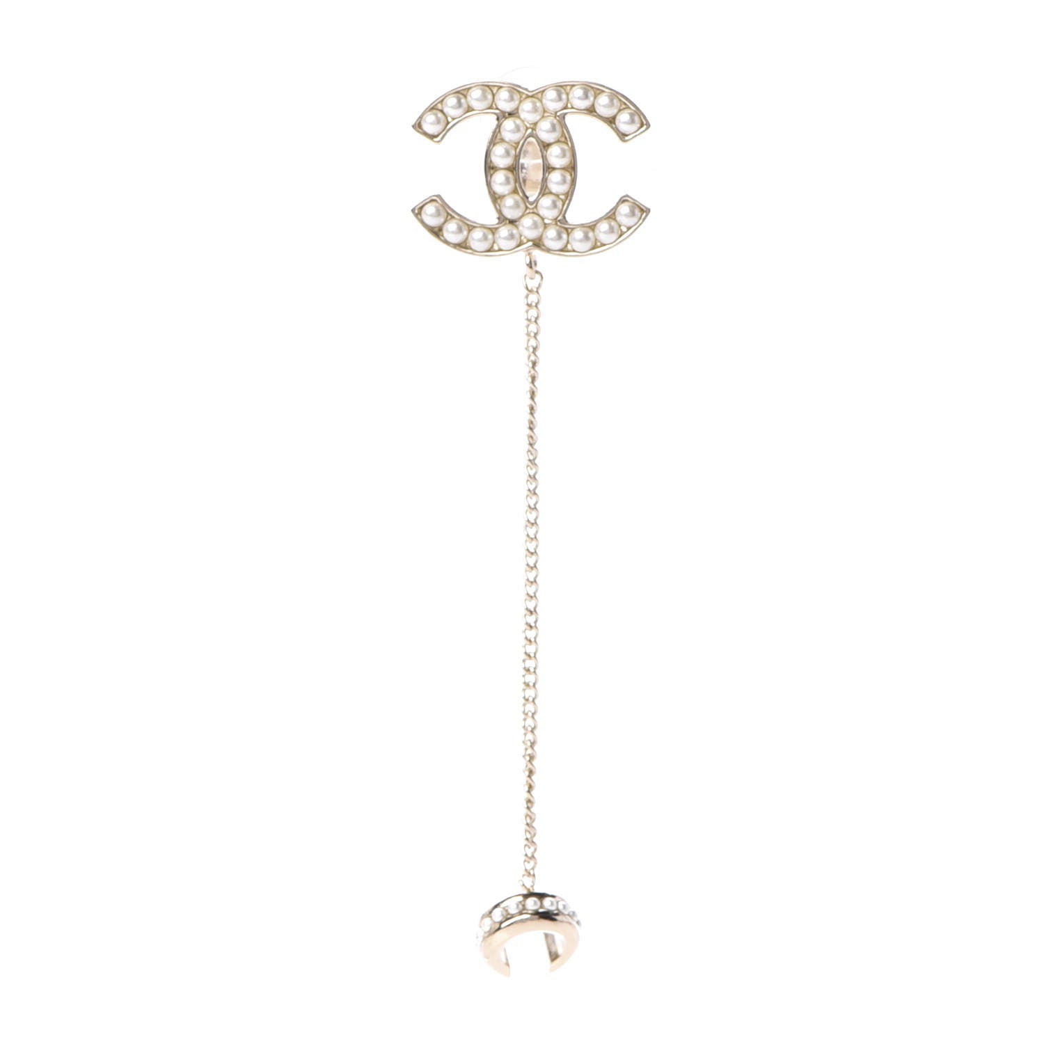 Chanel Crystal CC Chain Cuff Single Clip On Earring Gold Pearly White 1 of 4