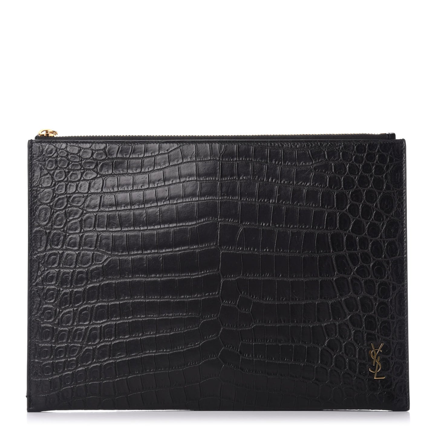 Calfskin Crocodile Embossed Tiny Monogram Zipped Tablet Holder Black