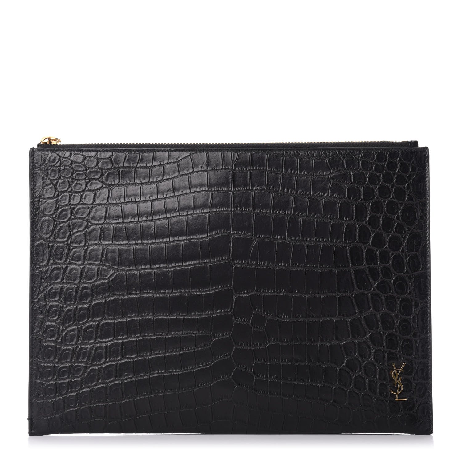 Saint Laurent Calfskin Crocodile Embossed Tiny Monogram Zipped Tablet Holder Black 1 of 7