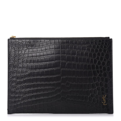 Saint Laurent Calfskin Crocodile Embossed Tiny Monogram Zipped Tablet Holder Black 1 of 7