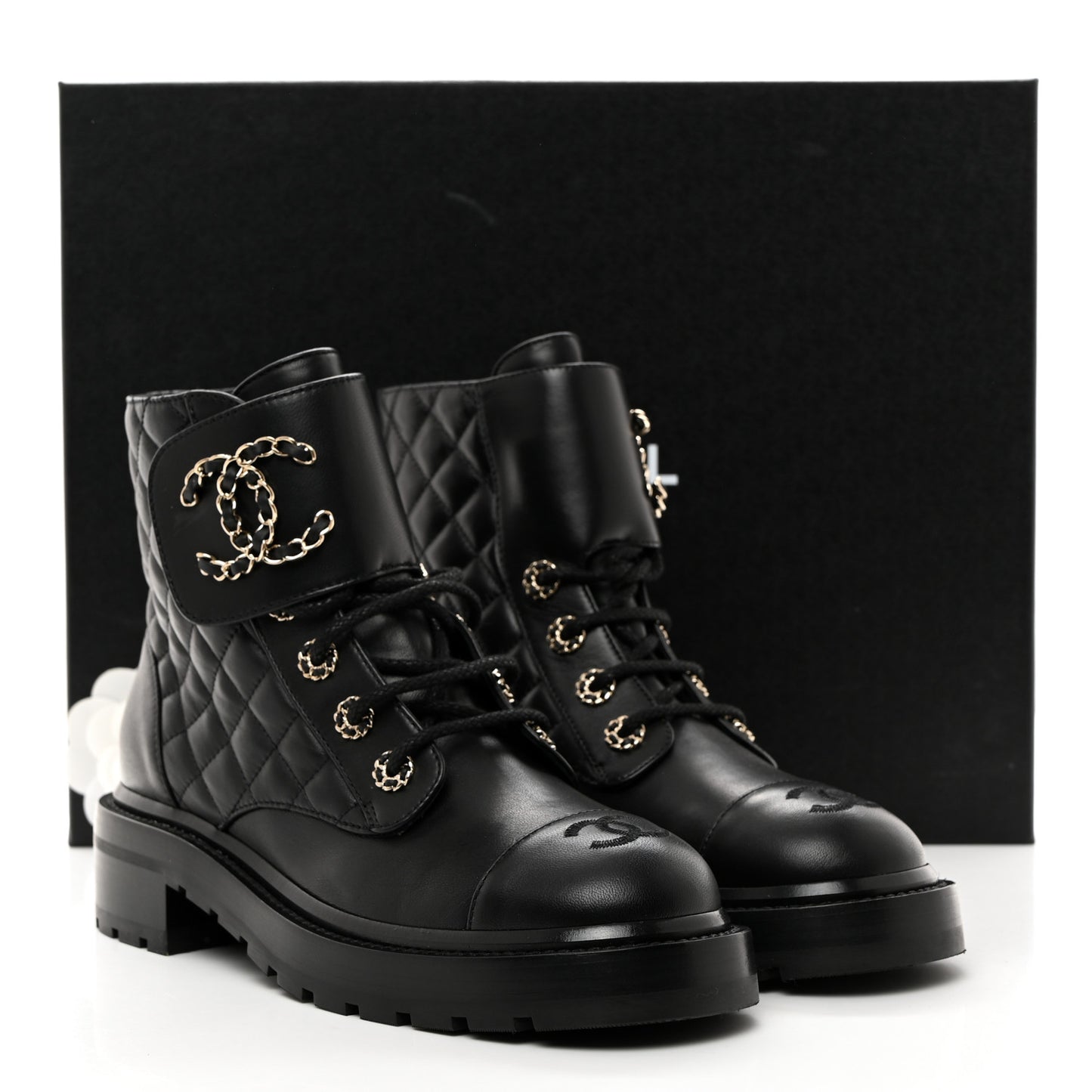 Shiny Lambskin Quilted Lace Up Combat Boots 38 Black