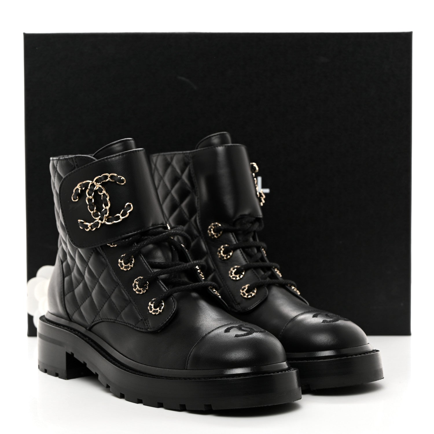 Chanel Shiny Lambskin Quilted Lace Up Combat Boots 38 Black 9 of 9