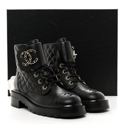 Chanel Shiny Lambskin Quilted Lace Up Combat Boots 38 Black 9 of 9