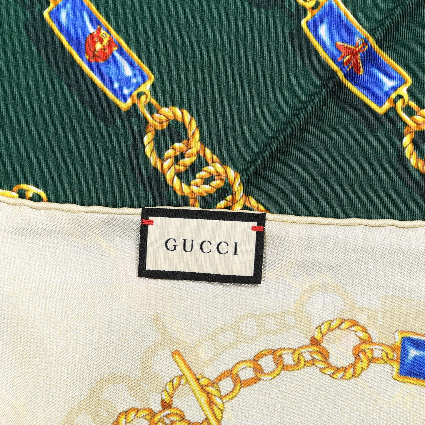 Silk Twill Chain Print Square Scarf Ivory Dark Green