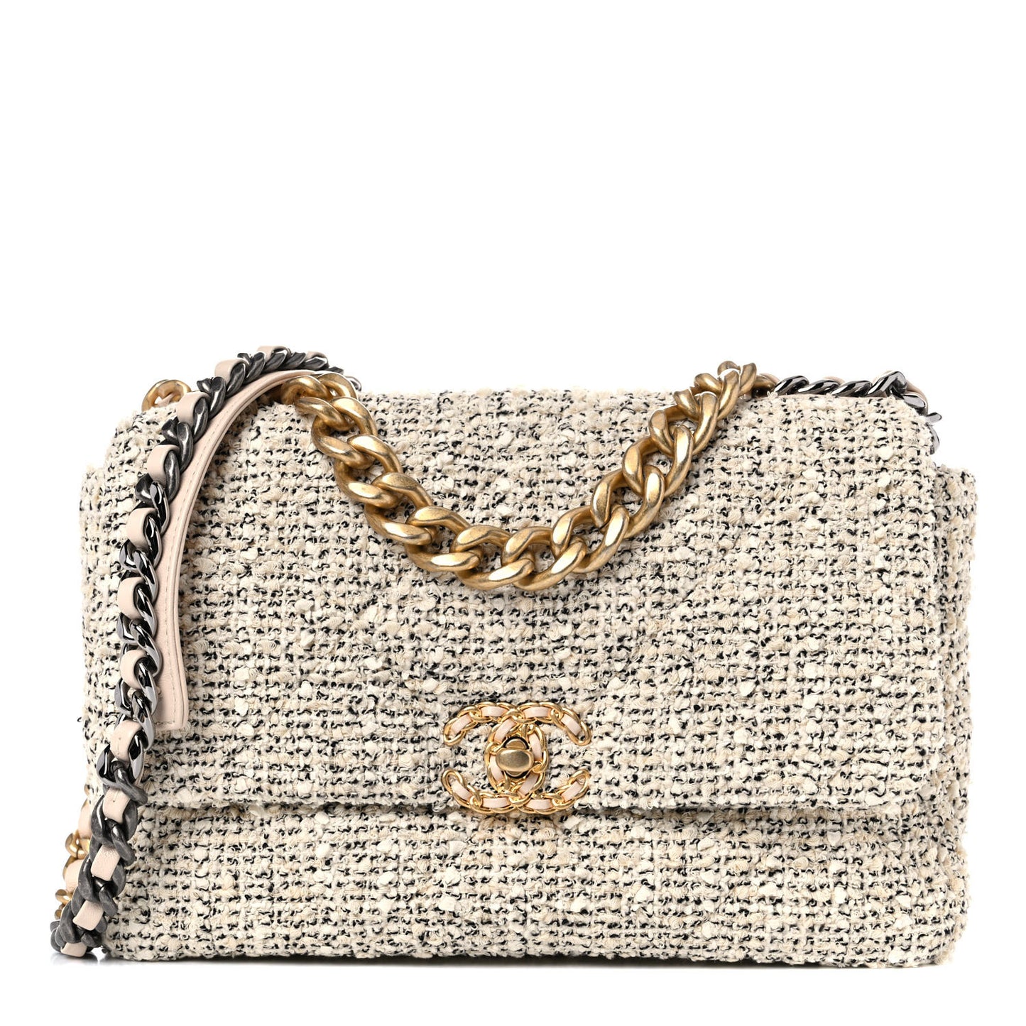 Tweed Quilted Large Chanel 19 Flap Ecru Black