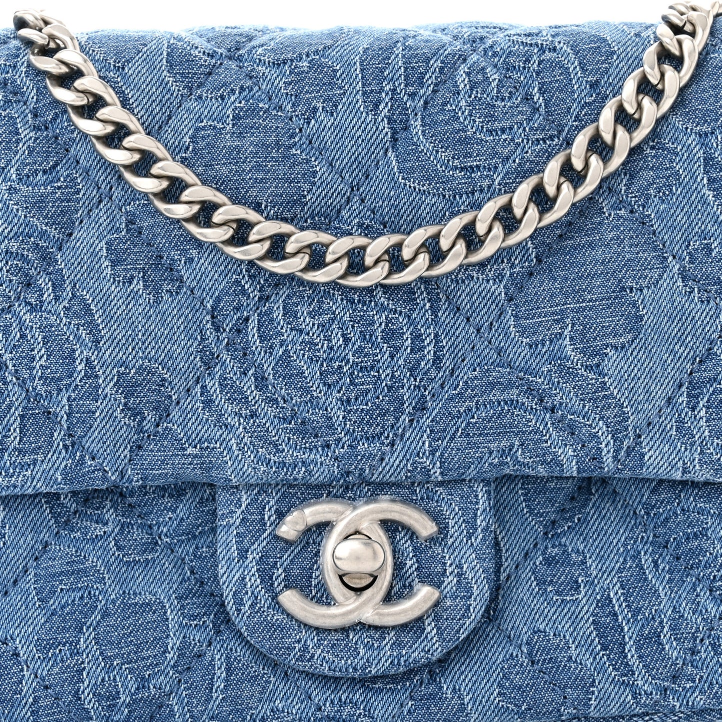Denim Quilted Camellia Sweetheart Mini Flap Blue