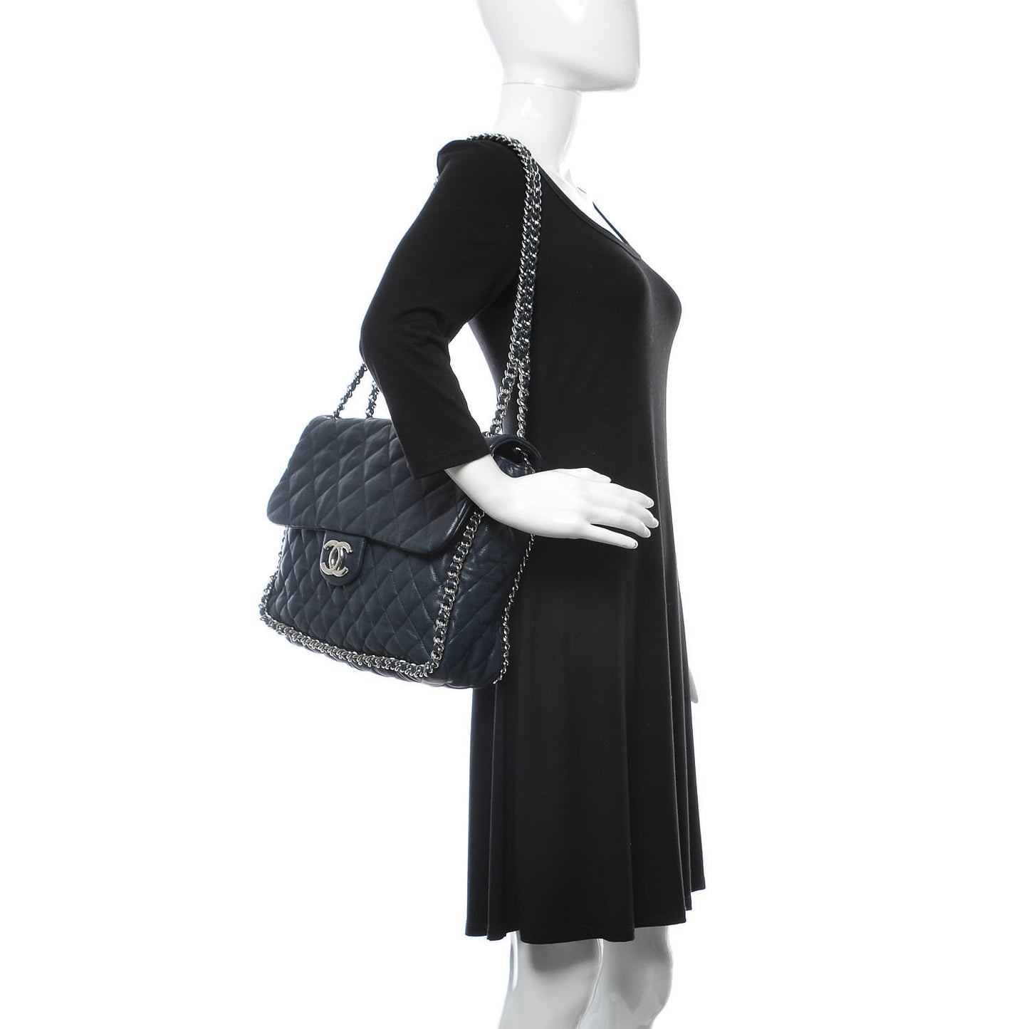 Washed Lambskin Quilted Chain Around Maxi Flap Dark Navy Blue