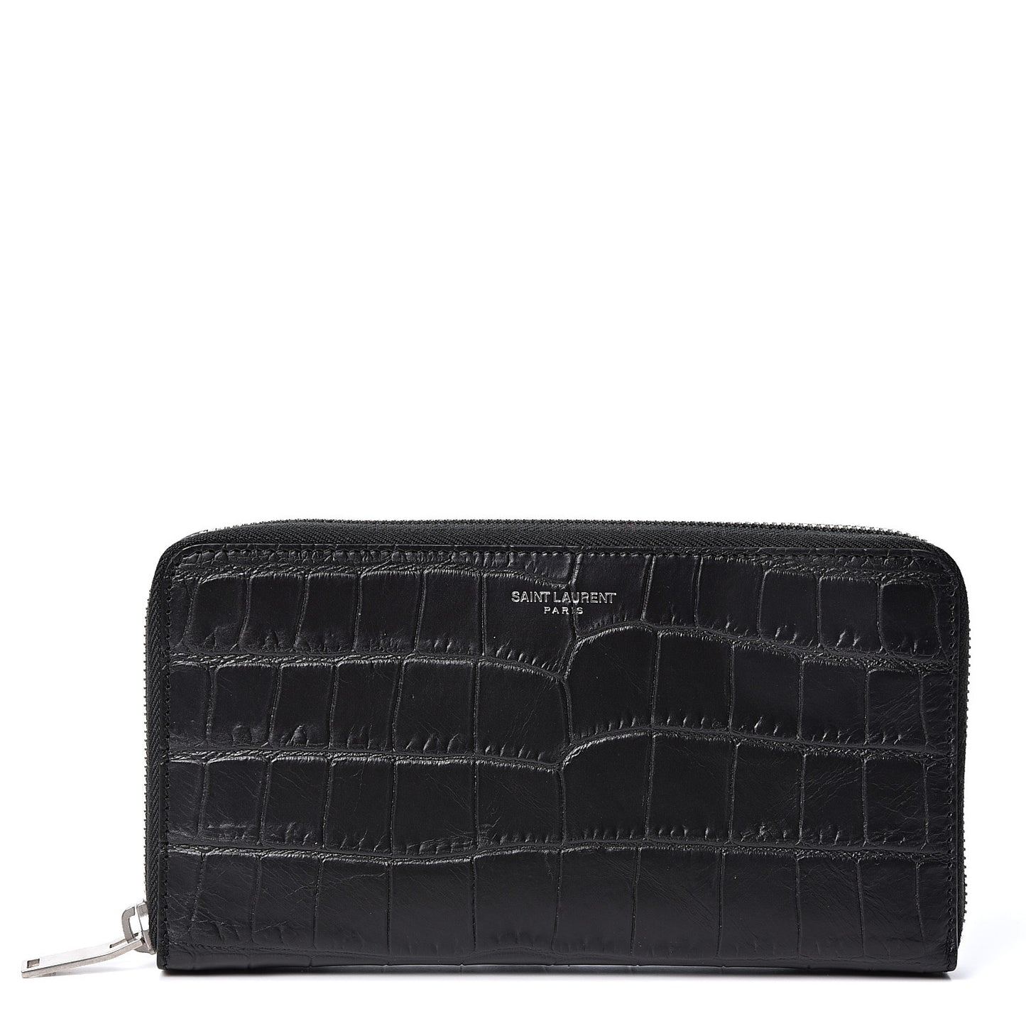 Calfskin Crocodile Embossed Zip Around Continental Wallet Black