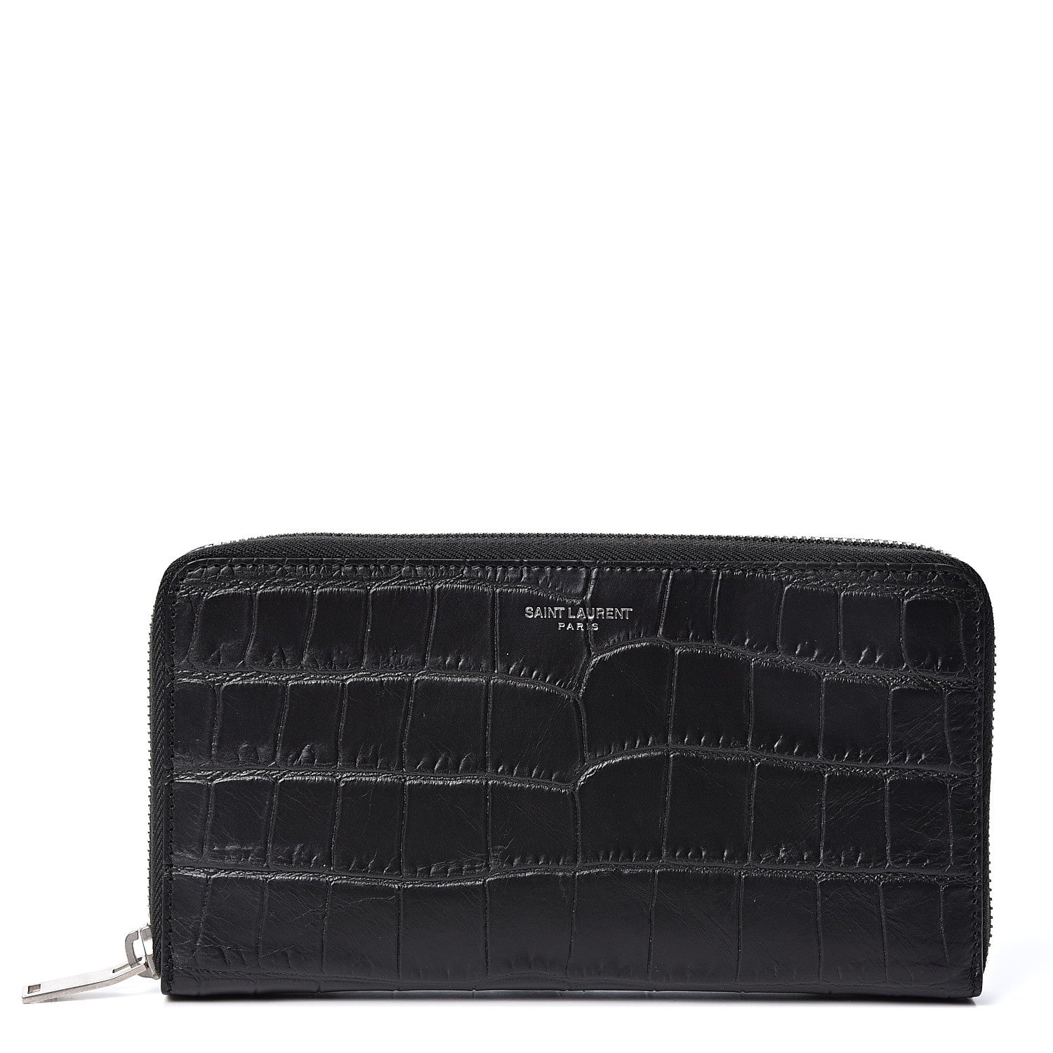 Saint Laurent Calfskin Crocodile Embossed Zip Around Continental Wallet Black 1 of 9