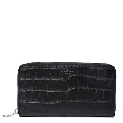 Saint Laurent Calfskin Crocodile Embossed Zip Around Continental Wallet Black 1 of 9