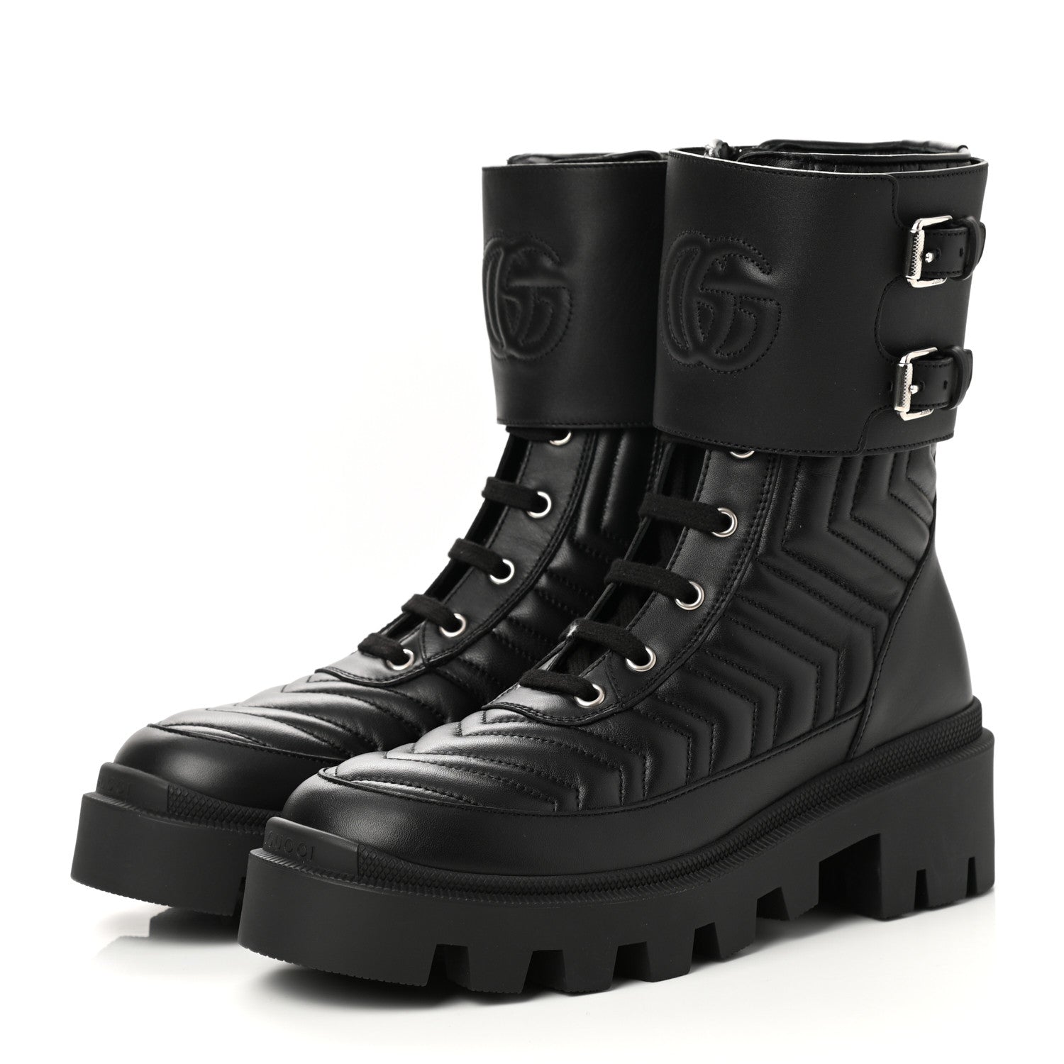 Gucci Nappa Frances GG Matelasse Platform Combat Boots 37.5 Black 3 of 9
